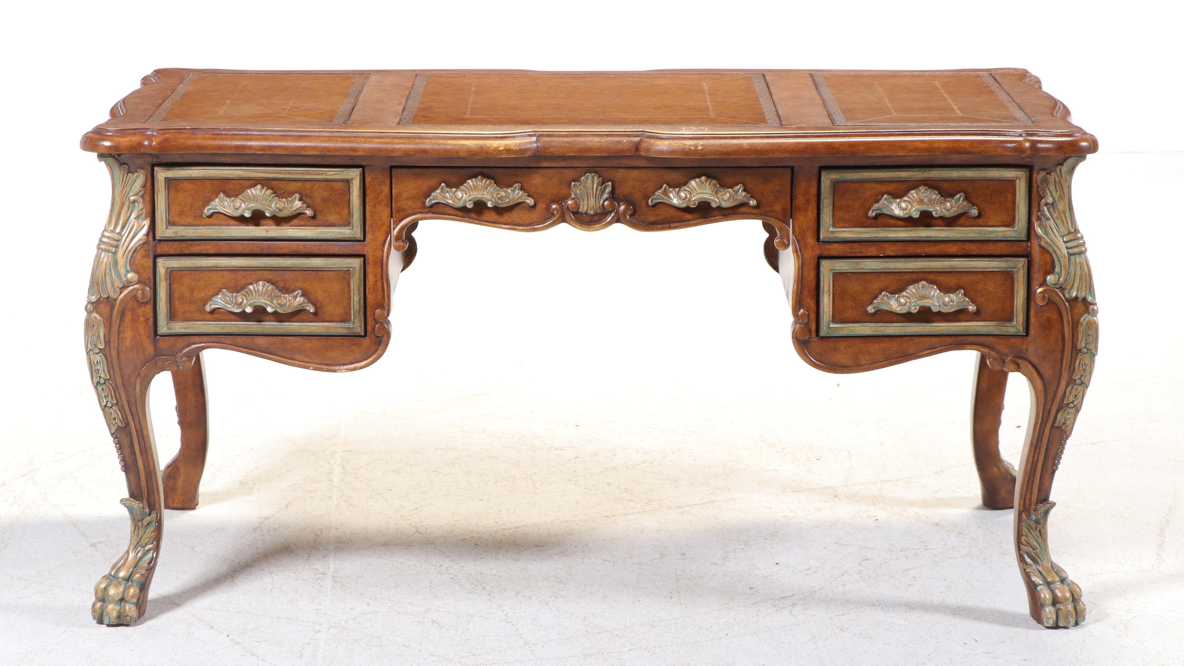 Napoleon III Style Parcel-Gilt and Leather-Top Wood Executive Desk