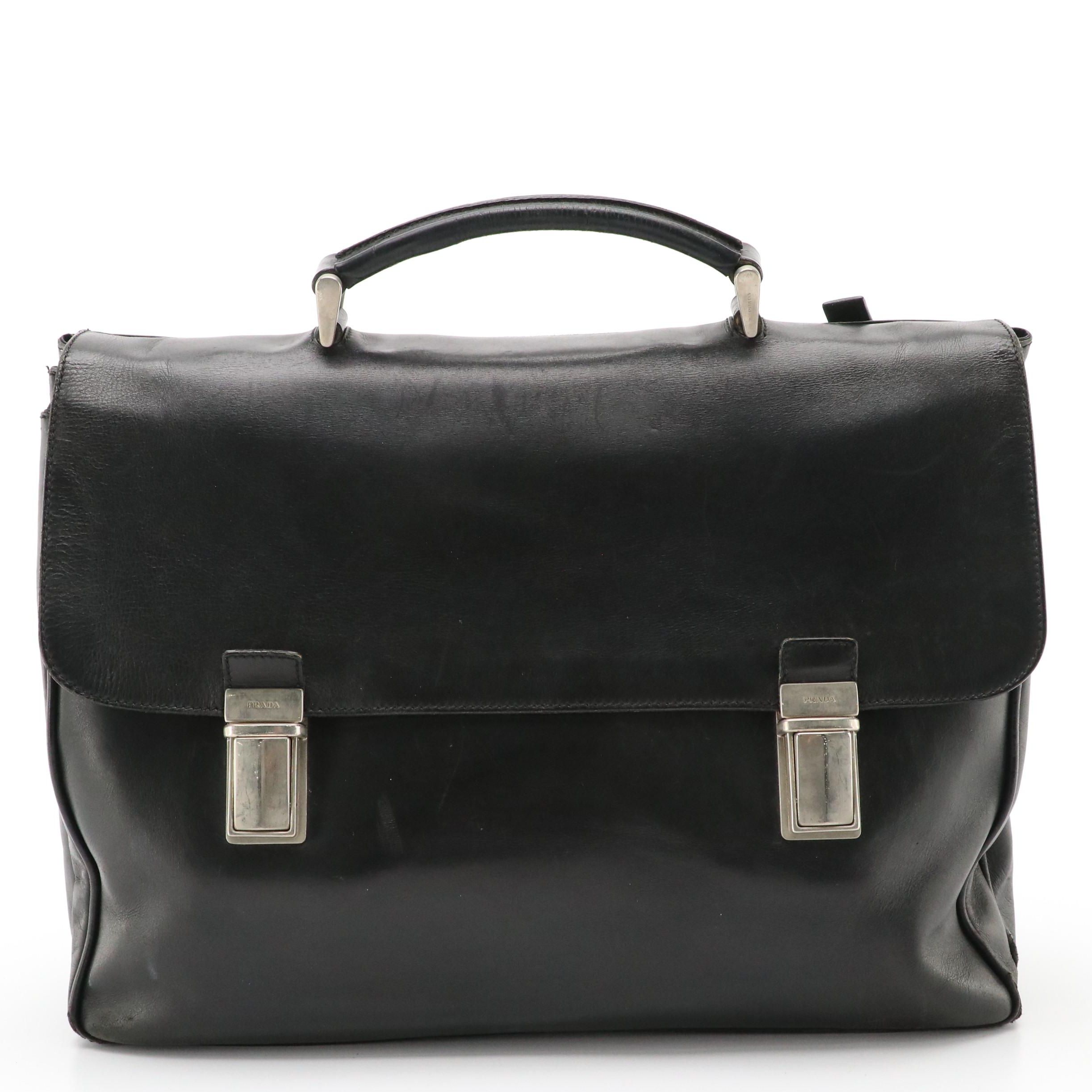 Prada Top Handle Messenger Business Bag in Black Leather
