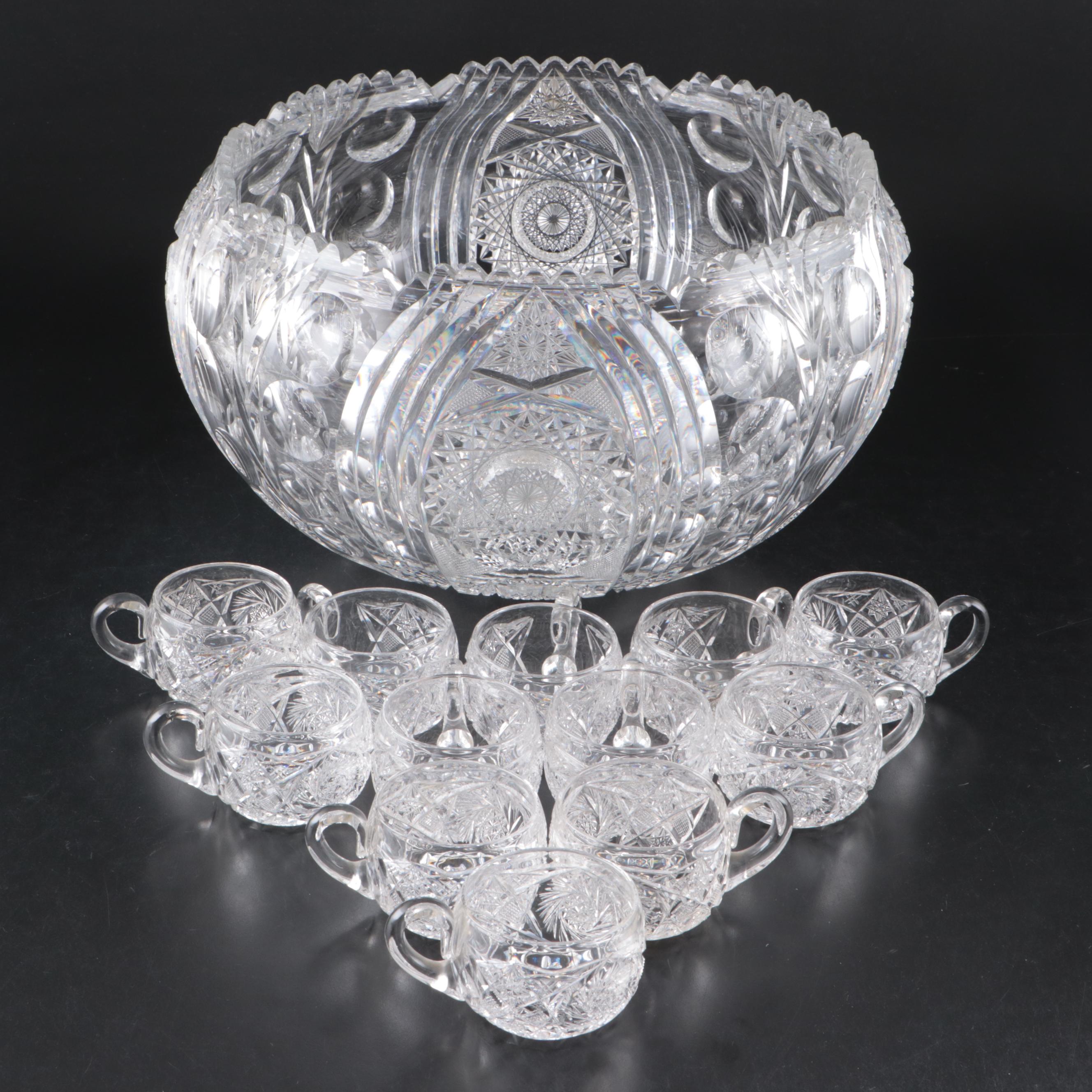 American Brilliant Cut Glass Punch Bowl and Cups, Late 19th/ Early 20th Century