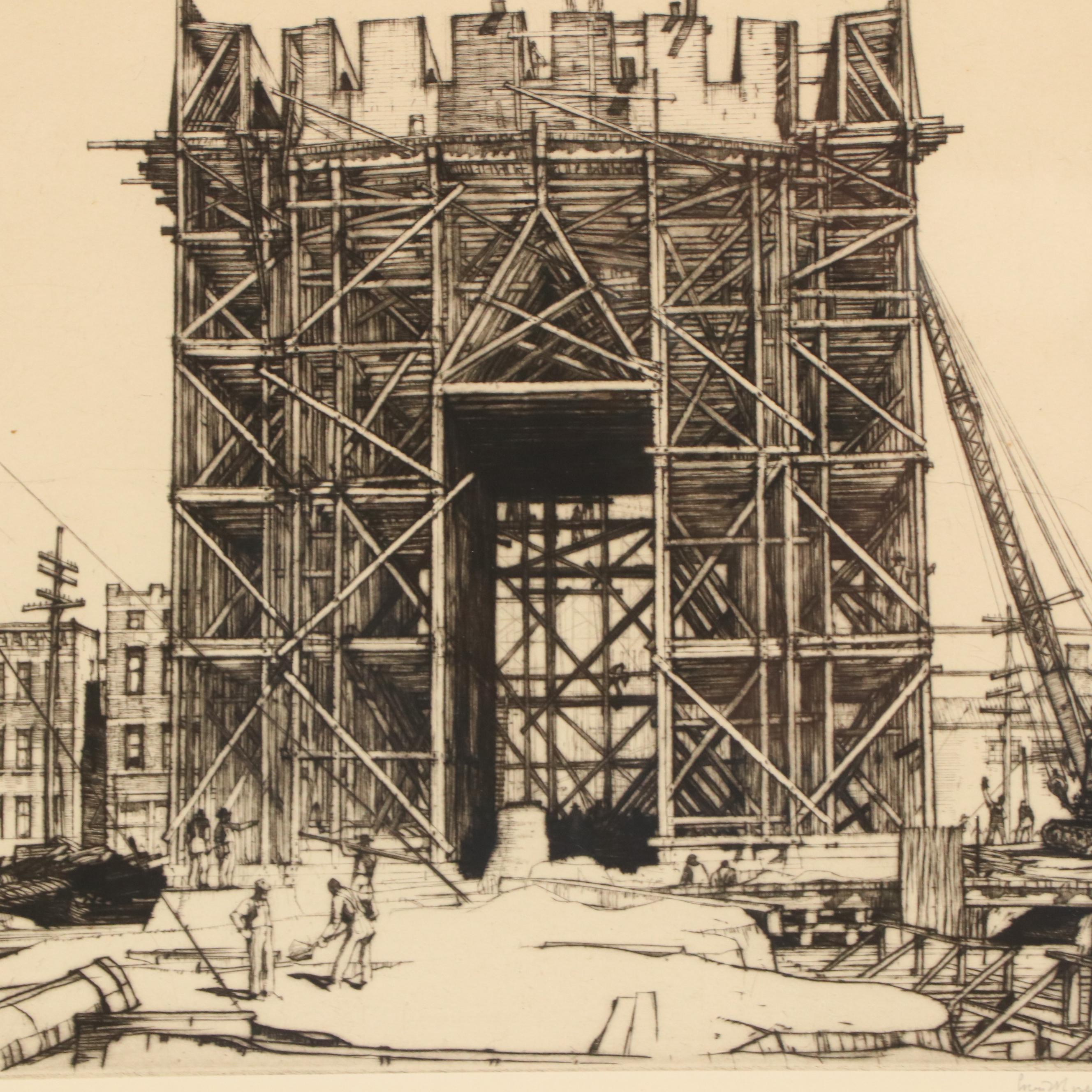 Louis Conrad Rosenberg Etching "Union Terminal Construction, Cincinnati Ohio"