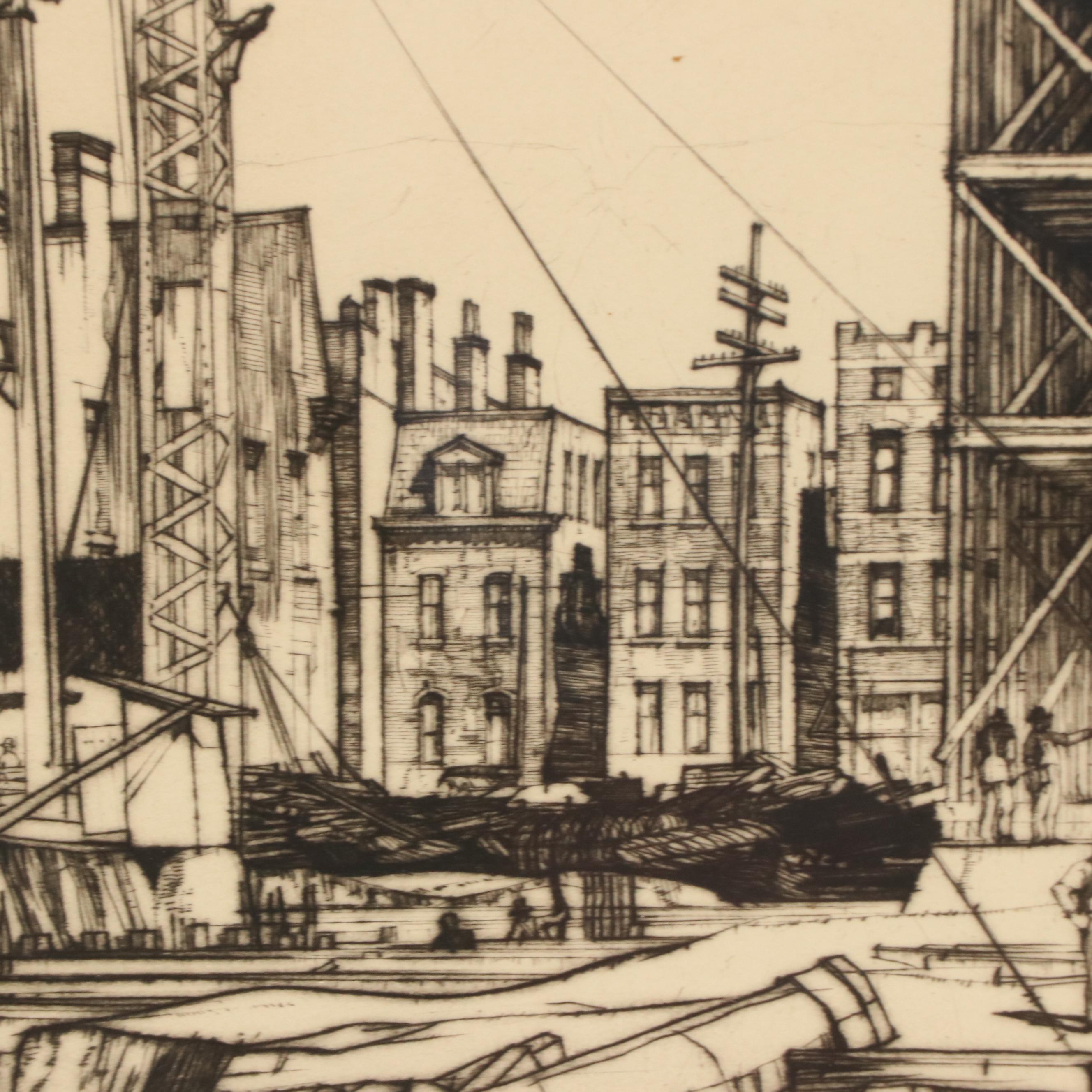 Louis Conrad Rosenberg Etching "Union Terminal Construction, Cincinnati Ohio"