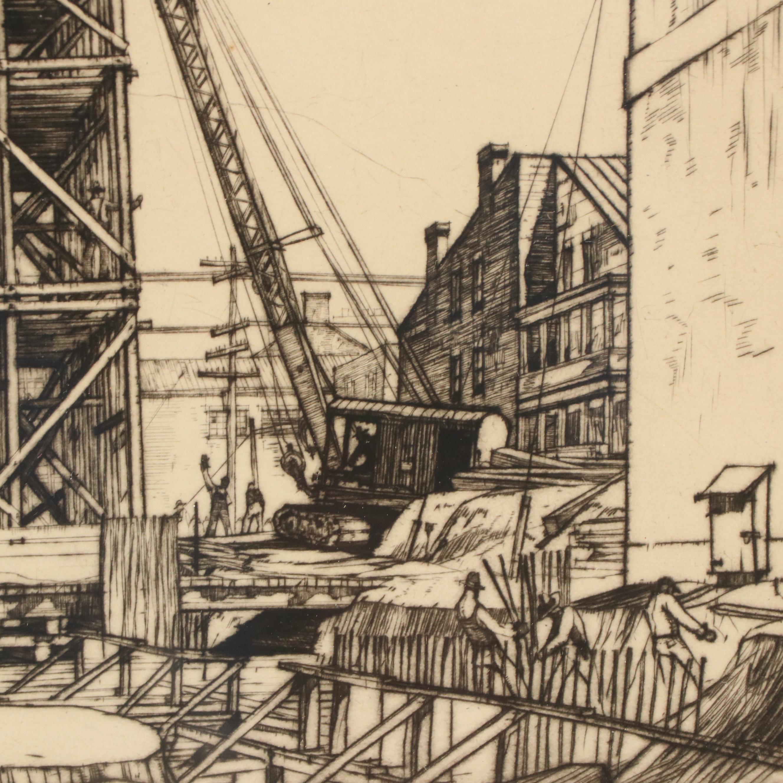 Louis Conrad Rosenberg Etching "Union Terminal Construction, Cincinnati Ohio"