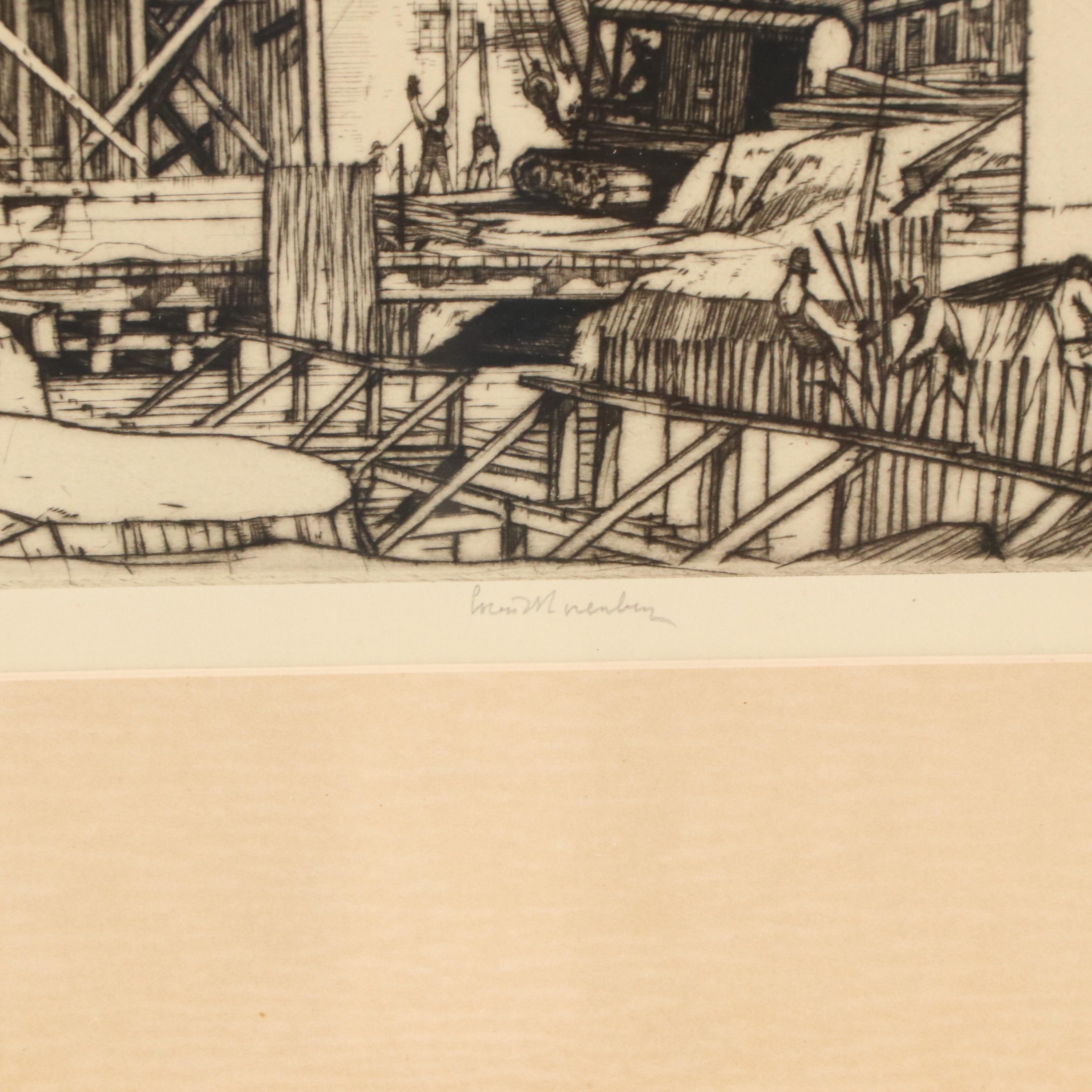 Louis Conrad Rosenberg Etching "Union Terminal Construction, Cincinnati Ohio"