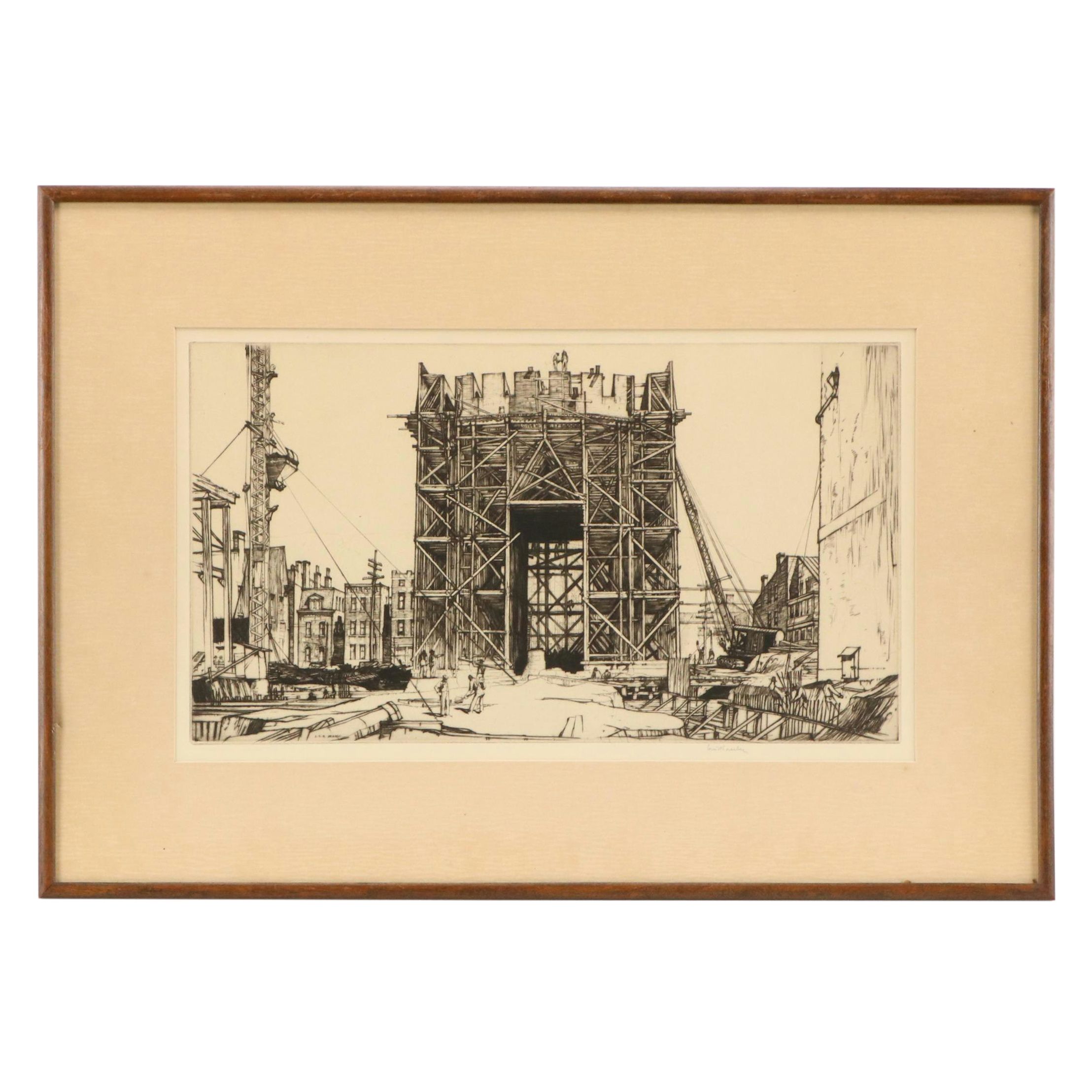 Louis Conrad Rosenberg Etching "Union Terminal Construction, Cincinnati Ohio"