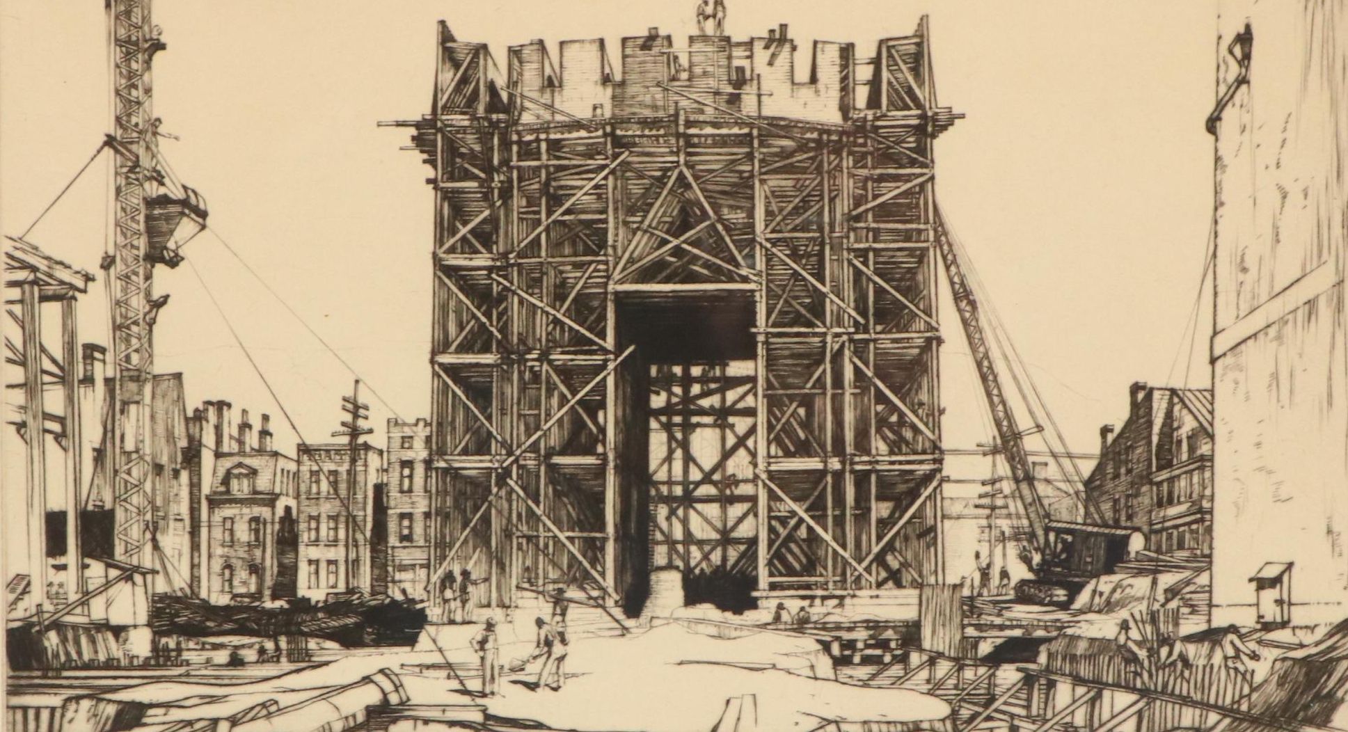 Louis Conrad Rosenberg Etching "Union Terminal Construction, Cincinnati Ohio"