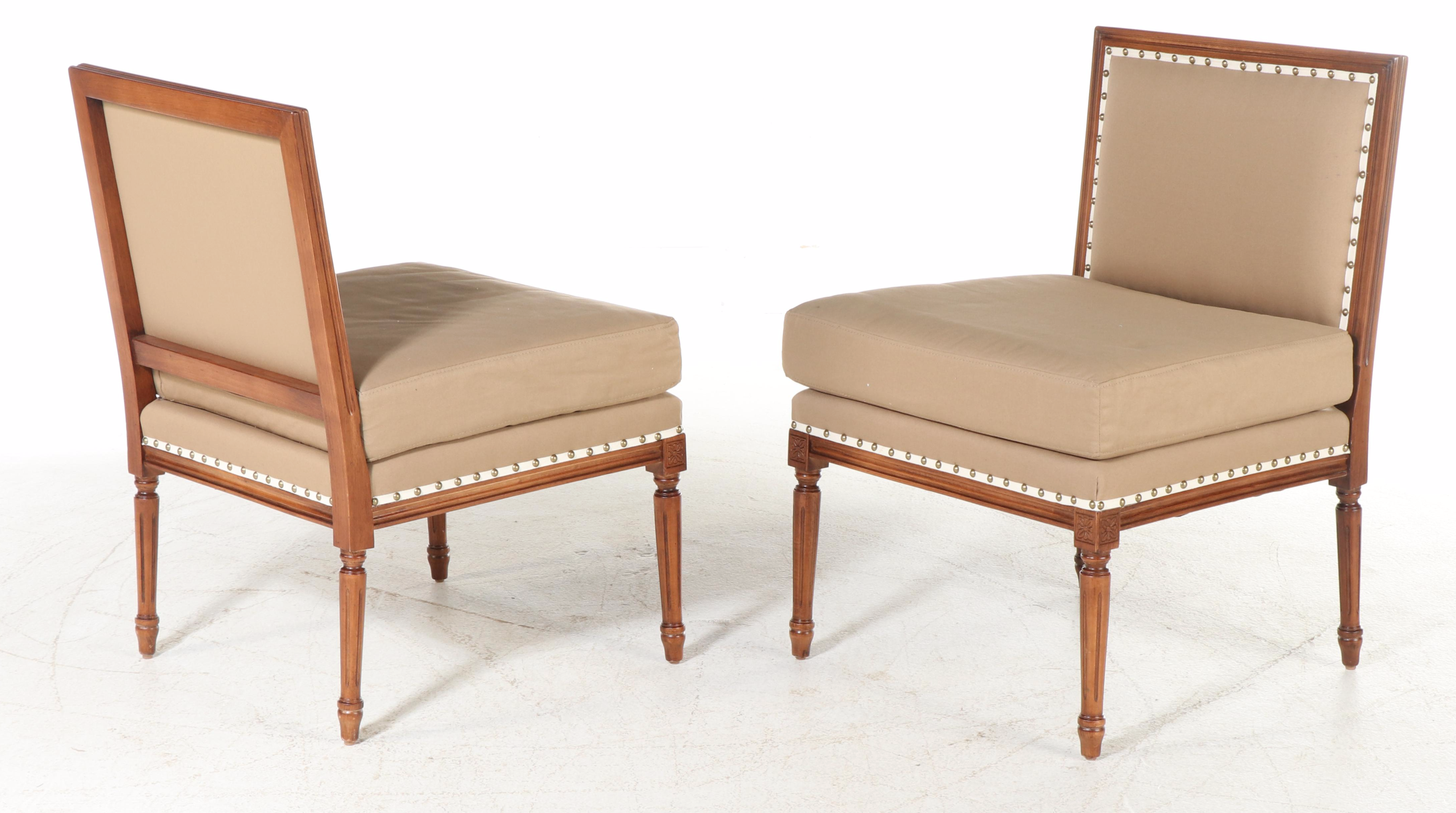 Pair of Ballard Designs "Louis" Beech and Custom-Upholstered Slipper Chairs