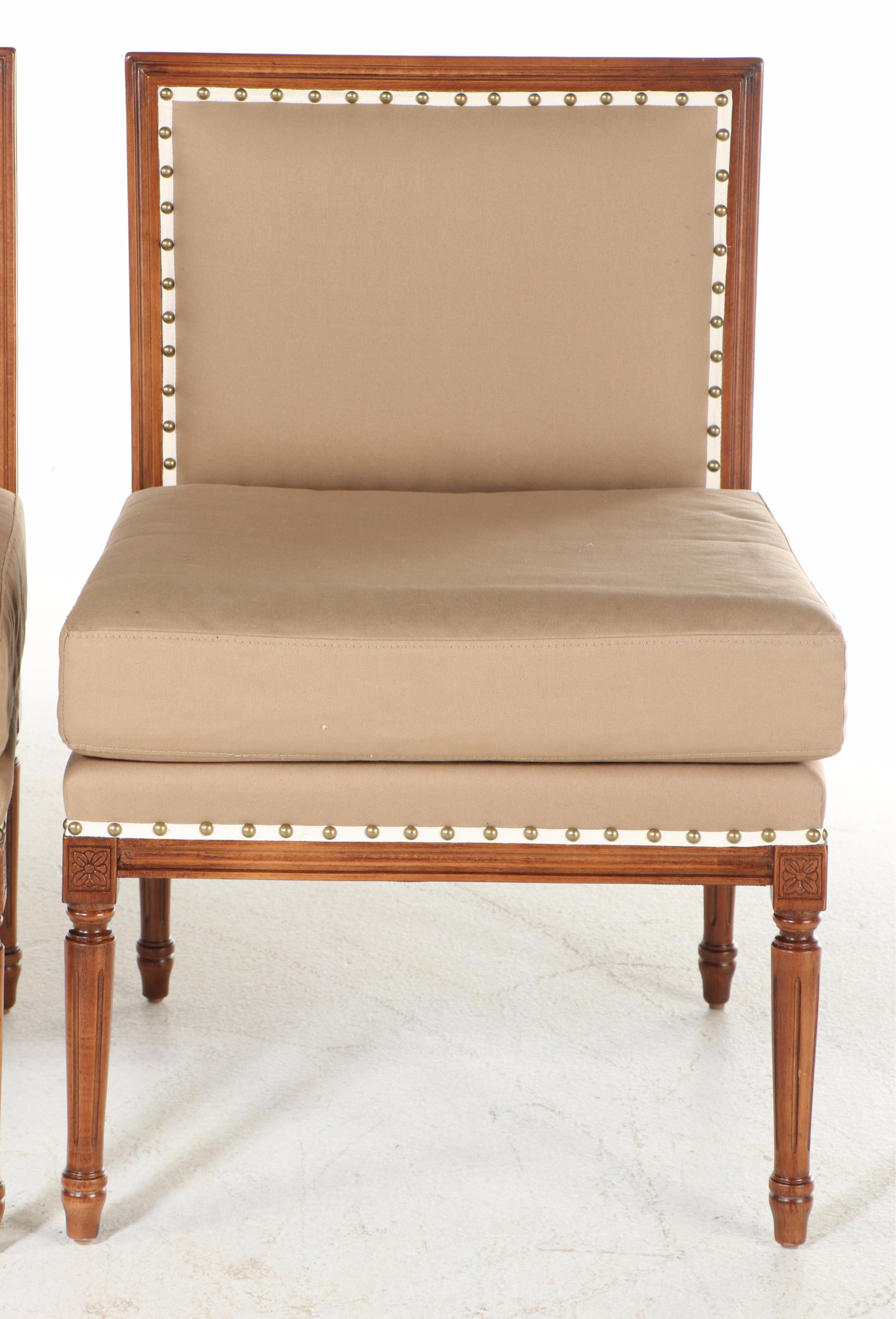 Pair of Ballard Designs "Louis" Beech and Custom-Upholstered Slipper Chairs