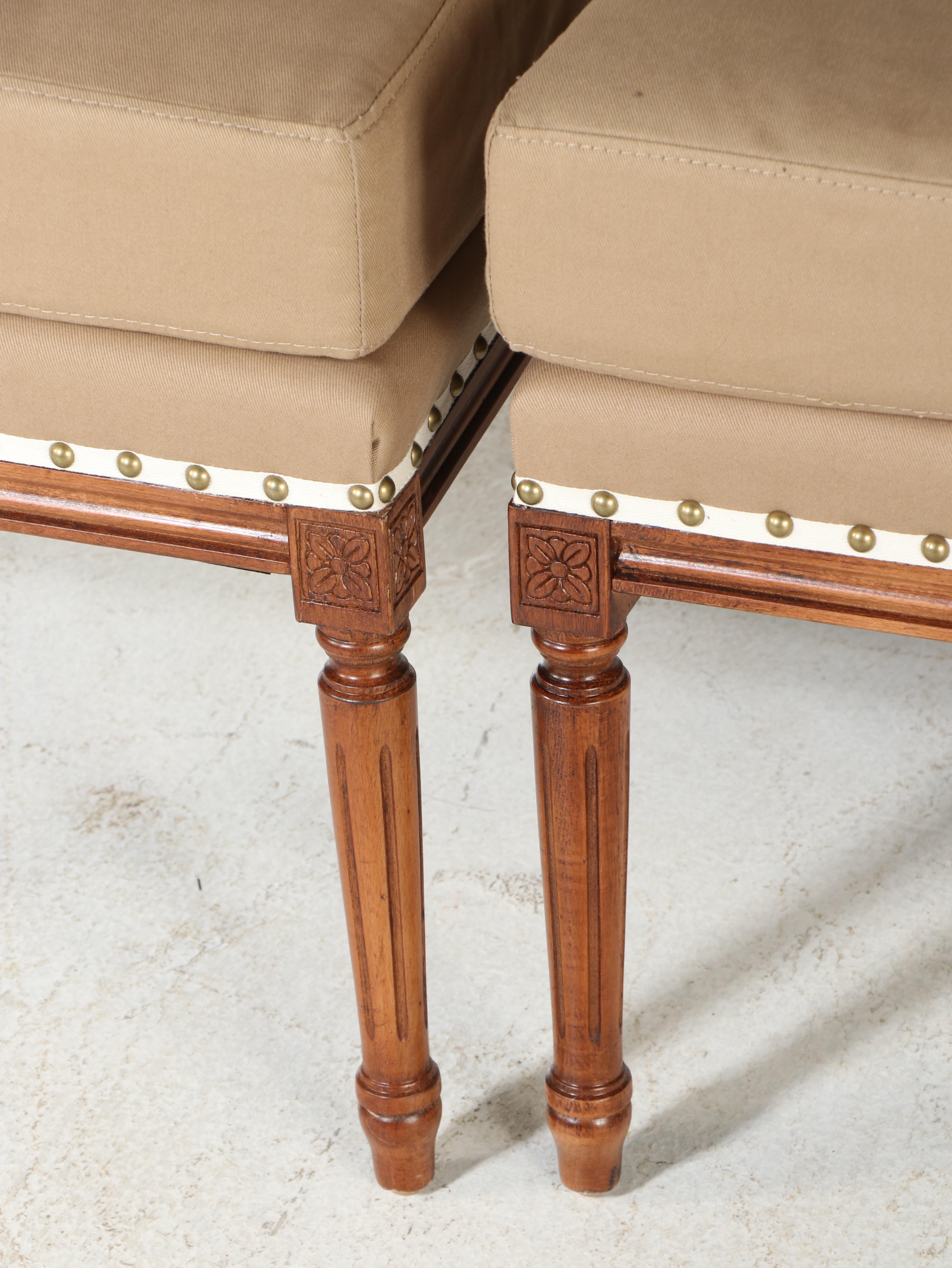 Pair of Ballard Designs "Louis" Beech and Custom-Upholstered Slipper Chairs