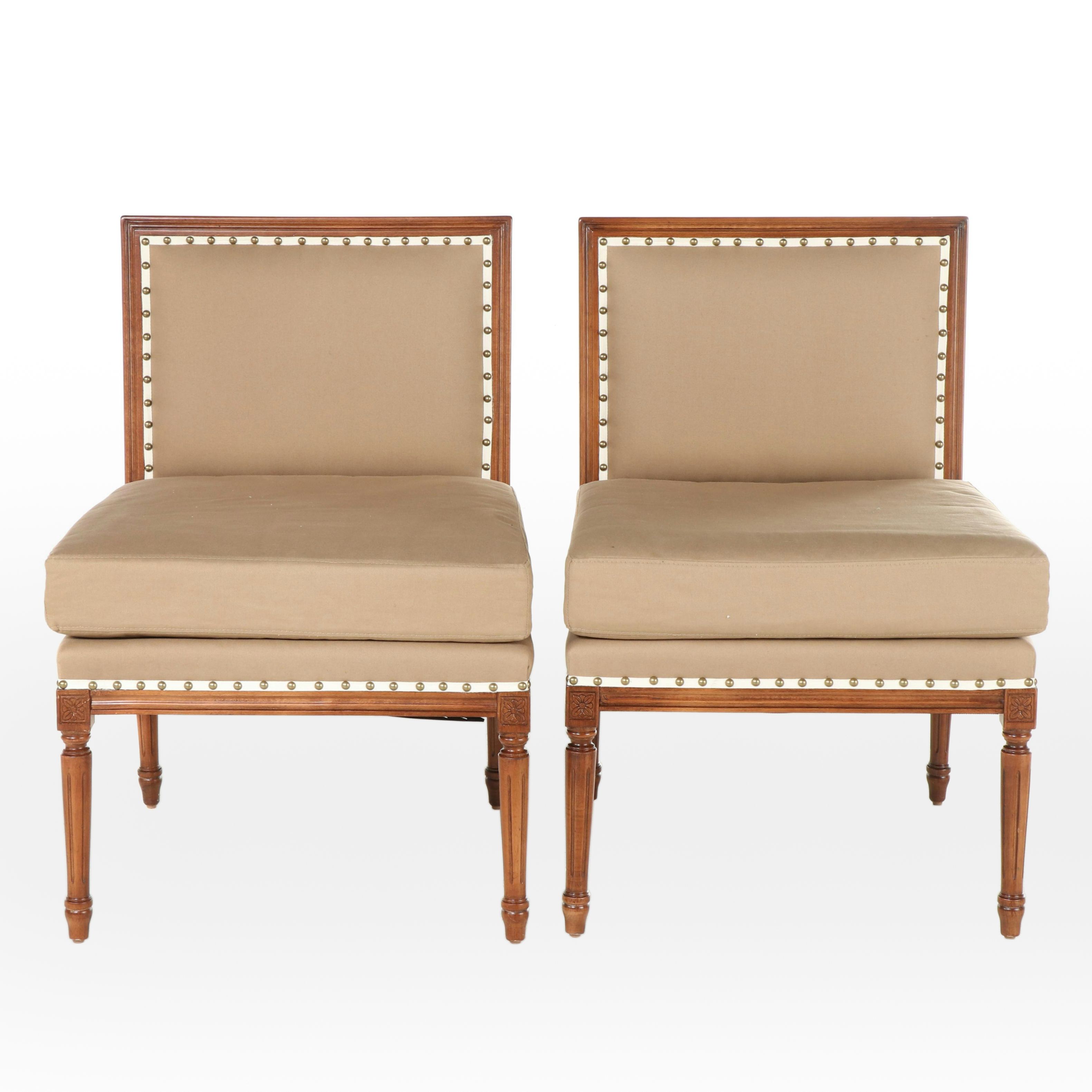 Pair of Ballard Designs "Louis" Beech and Custom-Upholstered Slipper Chairs
