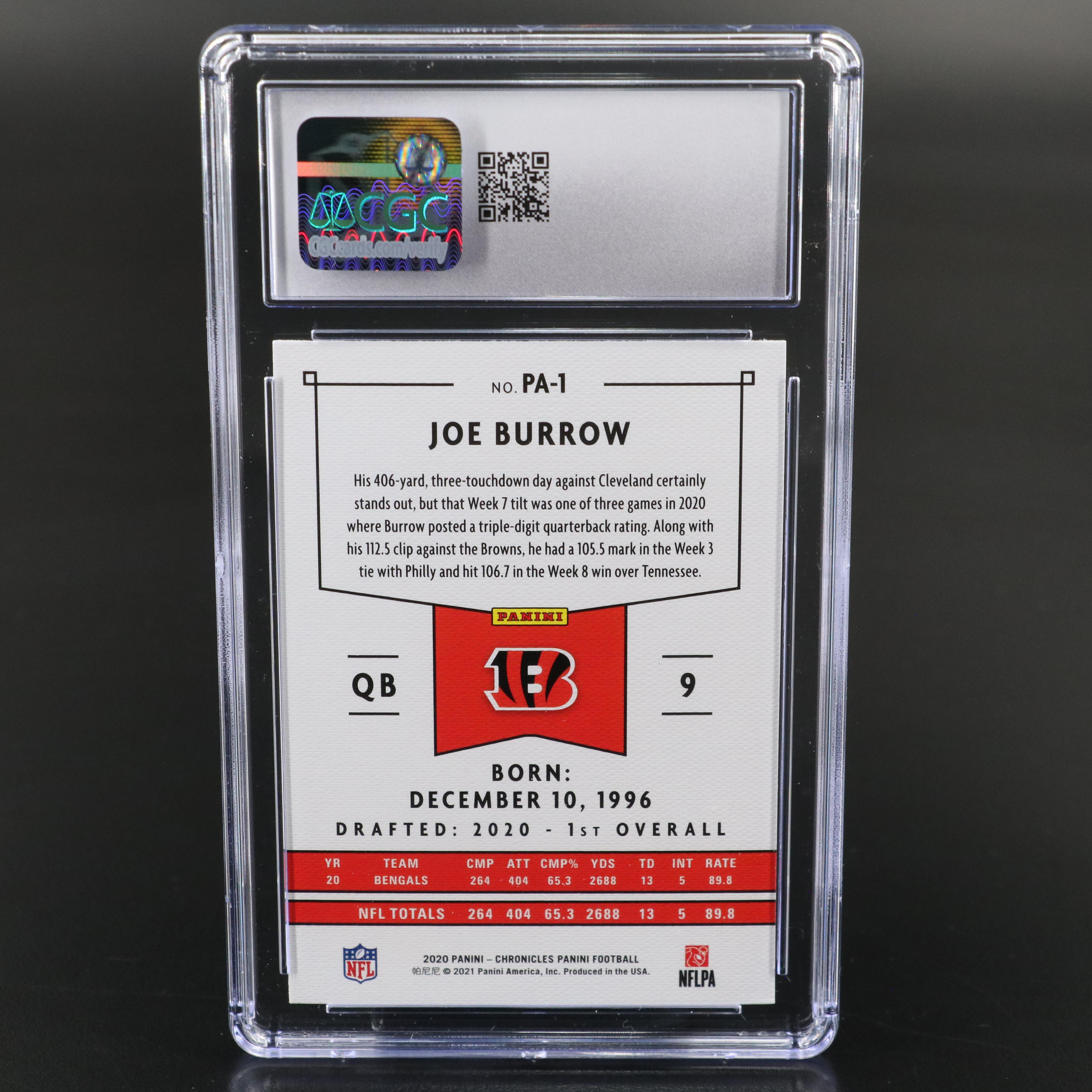 2020 Chronicles Joe Burrow Cincinnati Bengals Pink Rookie Card Graded CGC 10