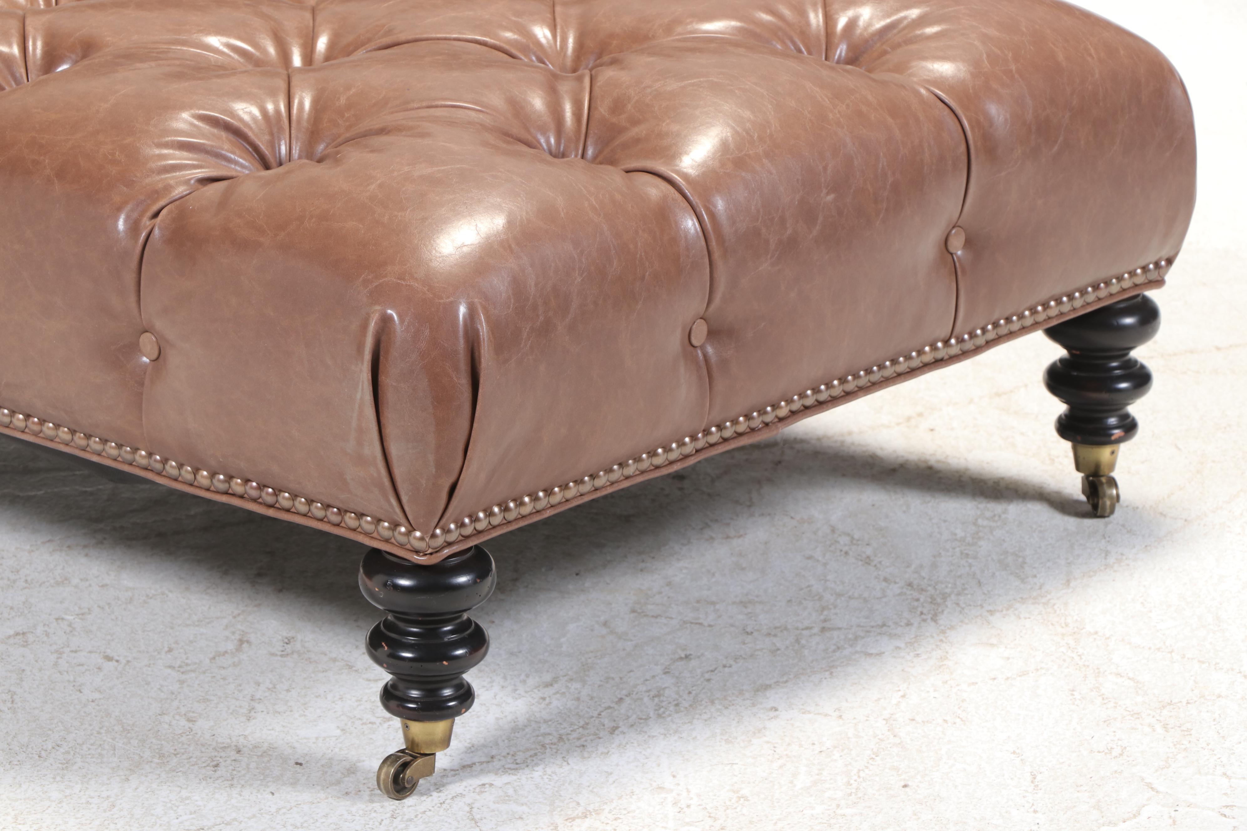 Victorian Style Button-Tufted Faux-Leather Cocktail Ottoman with Nailheads