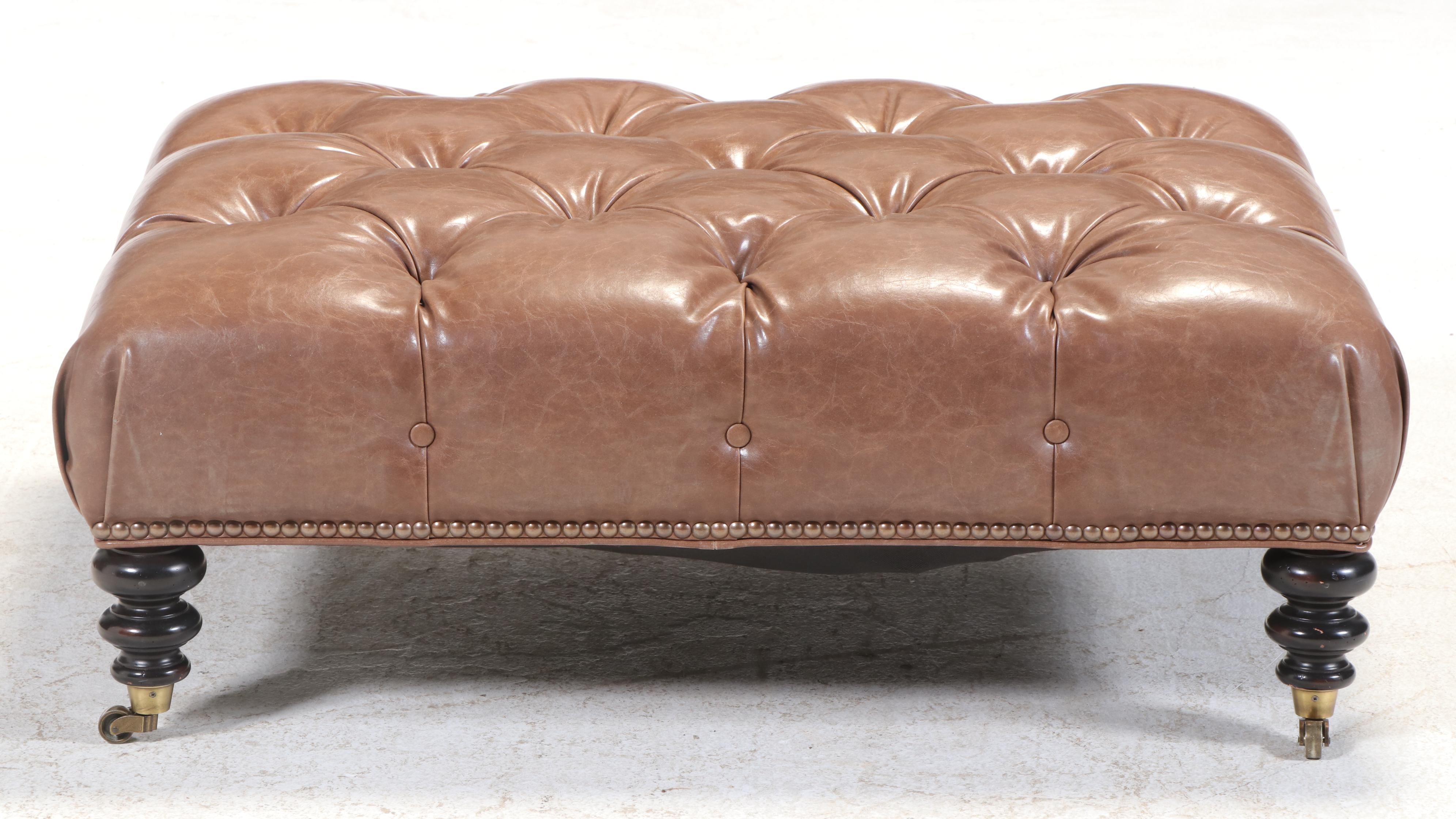 Victorian Style Button-Tufted Faux-Leather Cocktail Ottoman with Nailheads