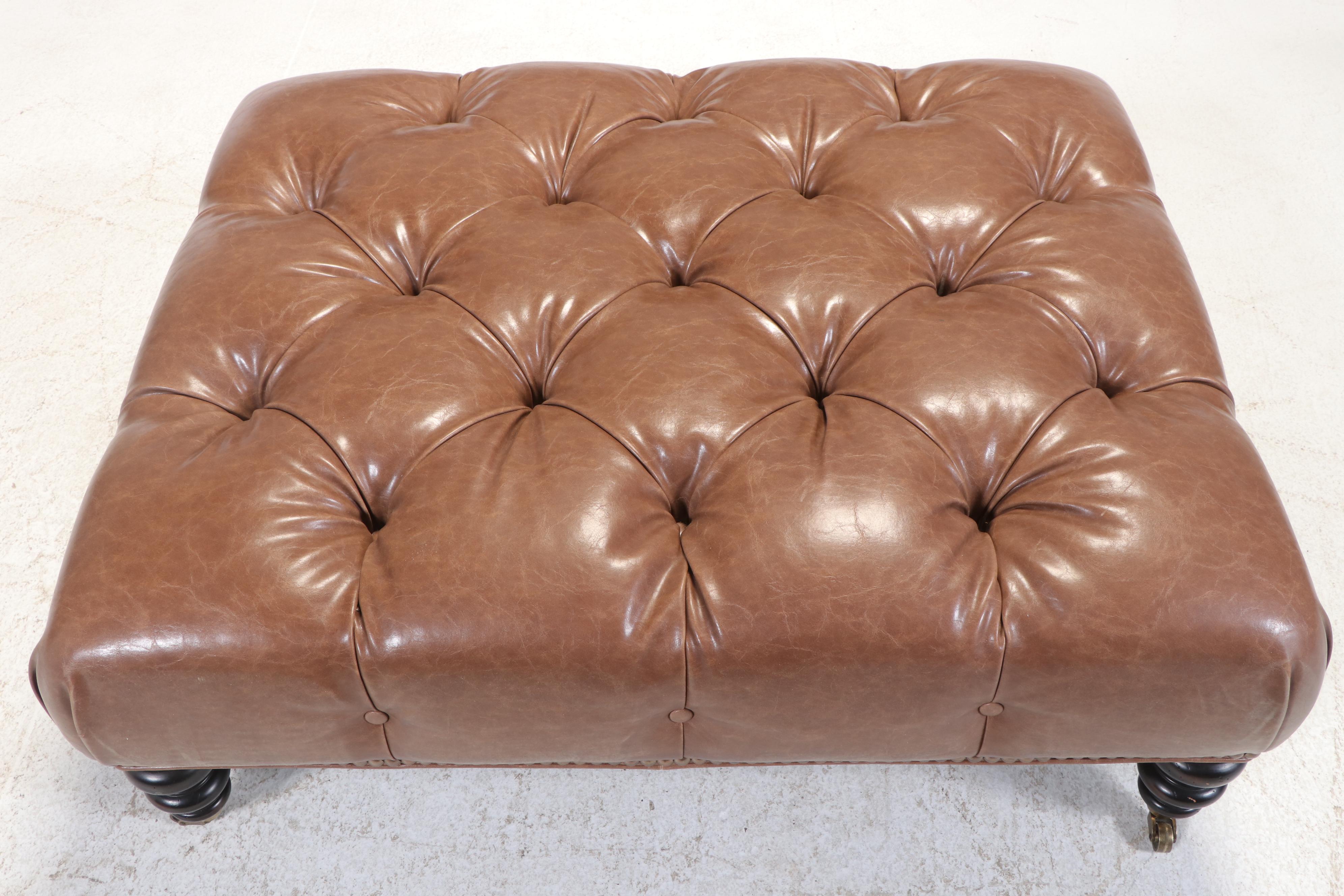 Victorian Style Button-Tufted Faux-Leather Cocktail Ottoman with Nailheads