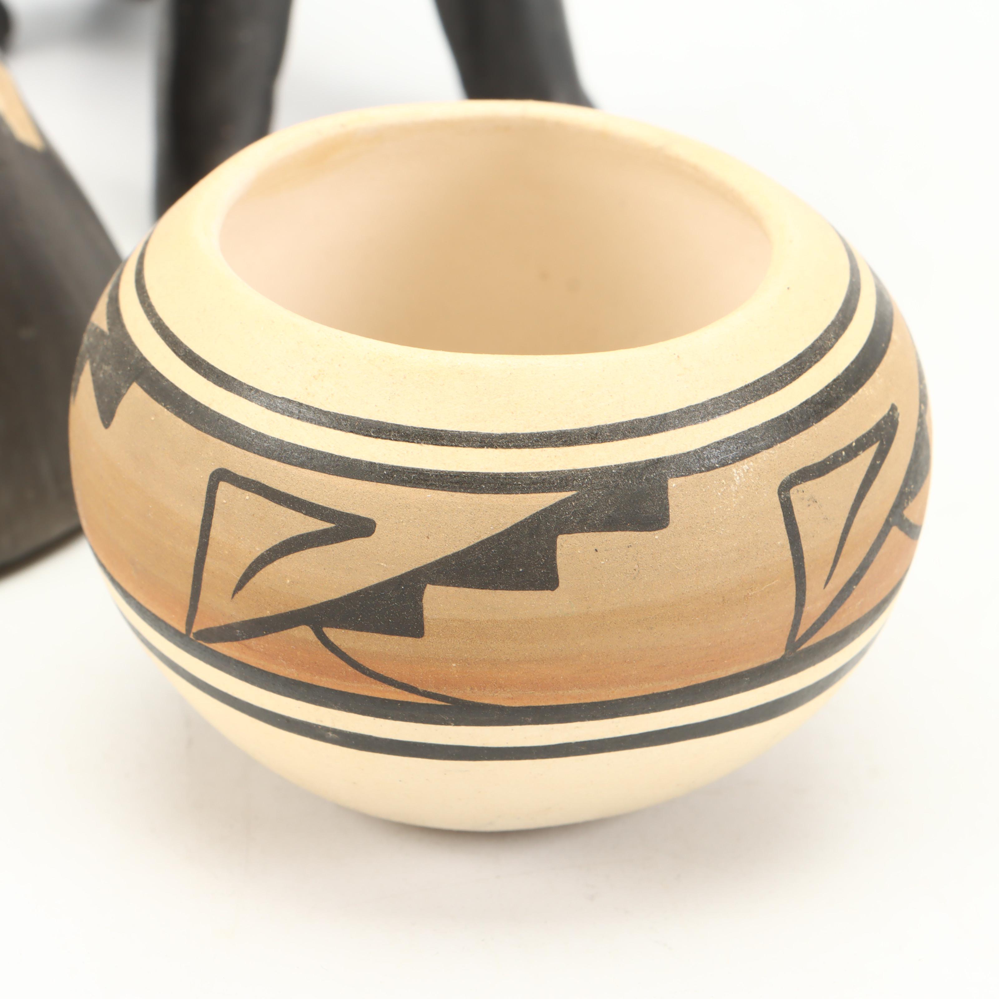 Mexican Clay Angel Bell, Oaxacan Donkey Whistle with Southwestern Pottery Bowl