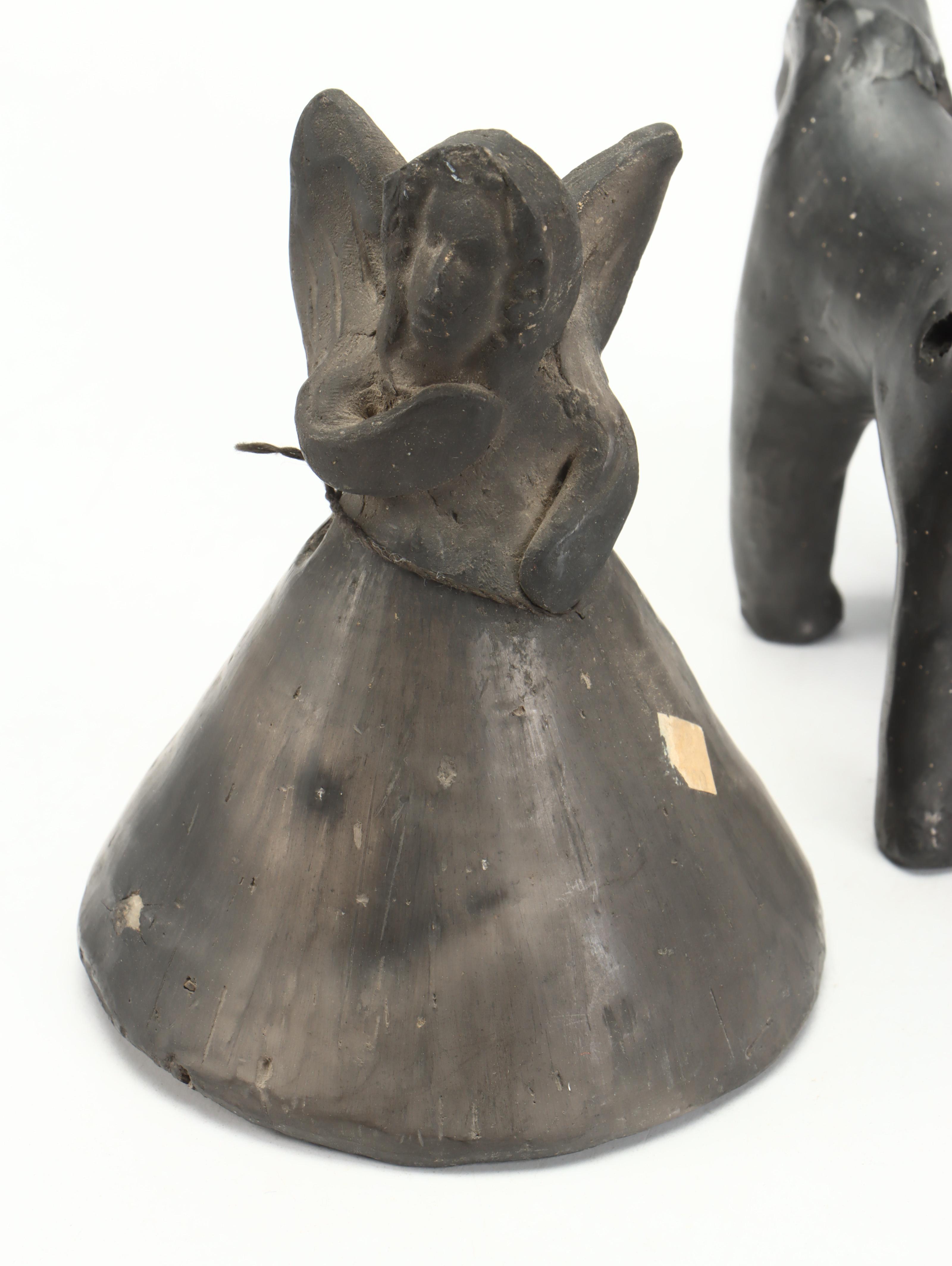 Mexican Clay Angel Bell, Oaxacan Donkey Whistle with Southwestern Pottery Bowl