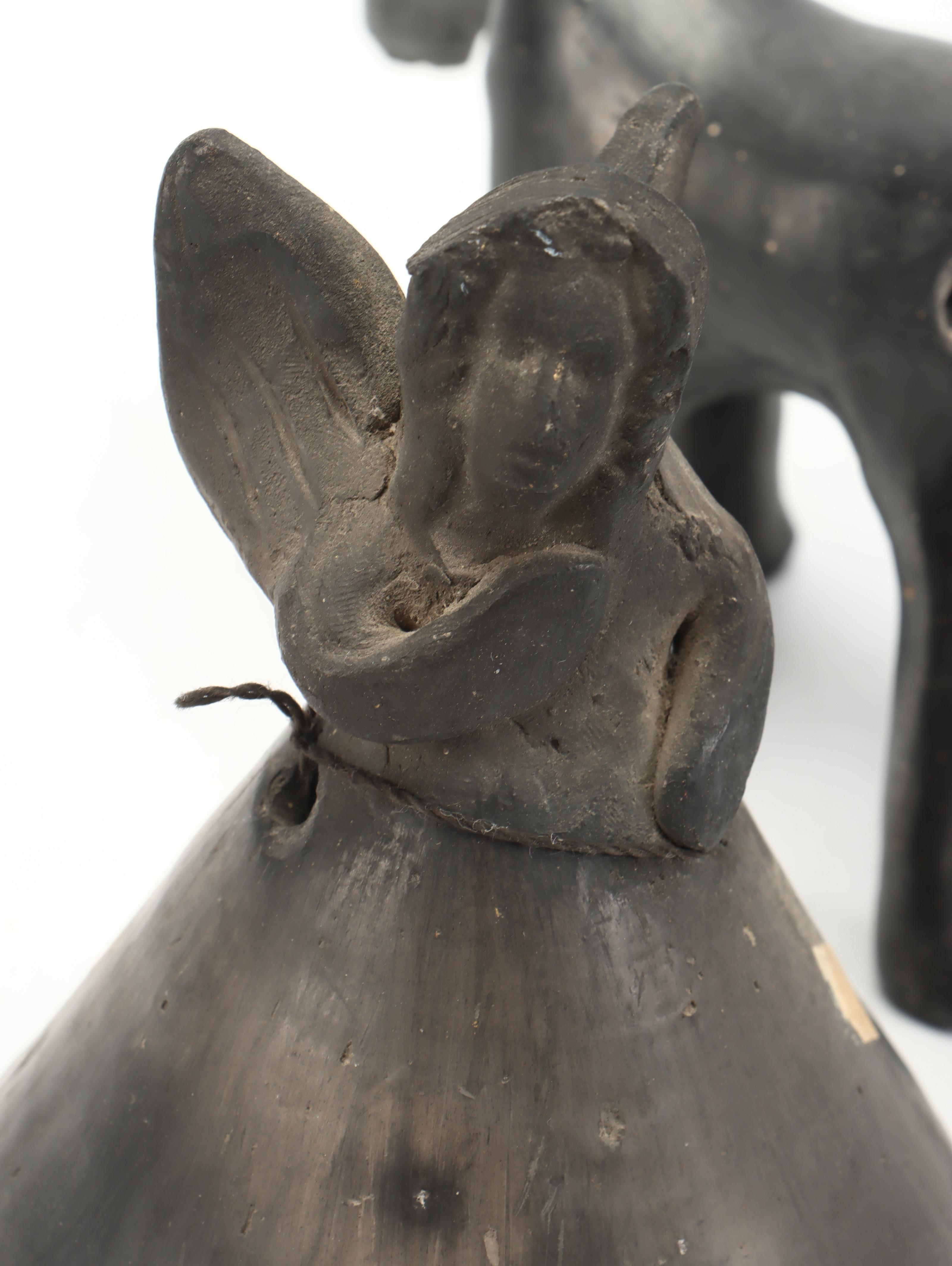 Mexican Clay Angel Bell, Oaxacan Donkey Whistle with Southwestern Pottery Bowl