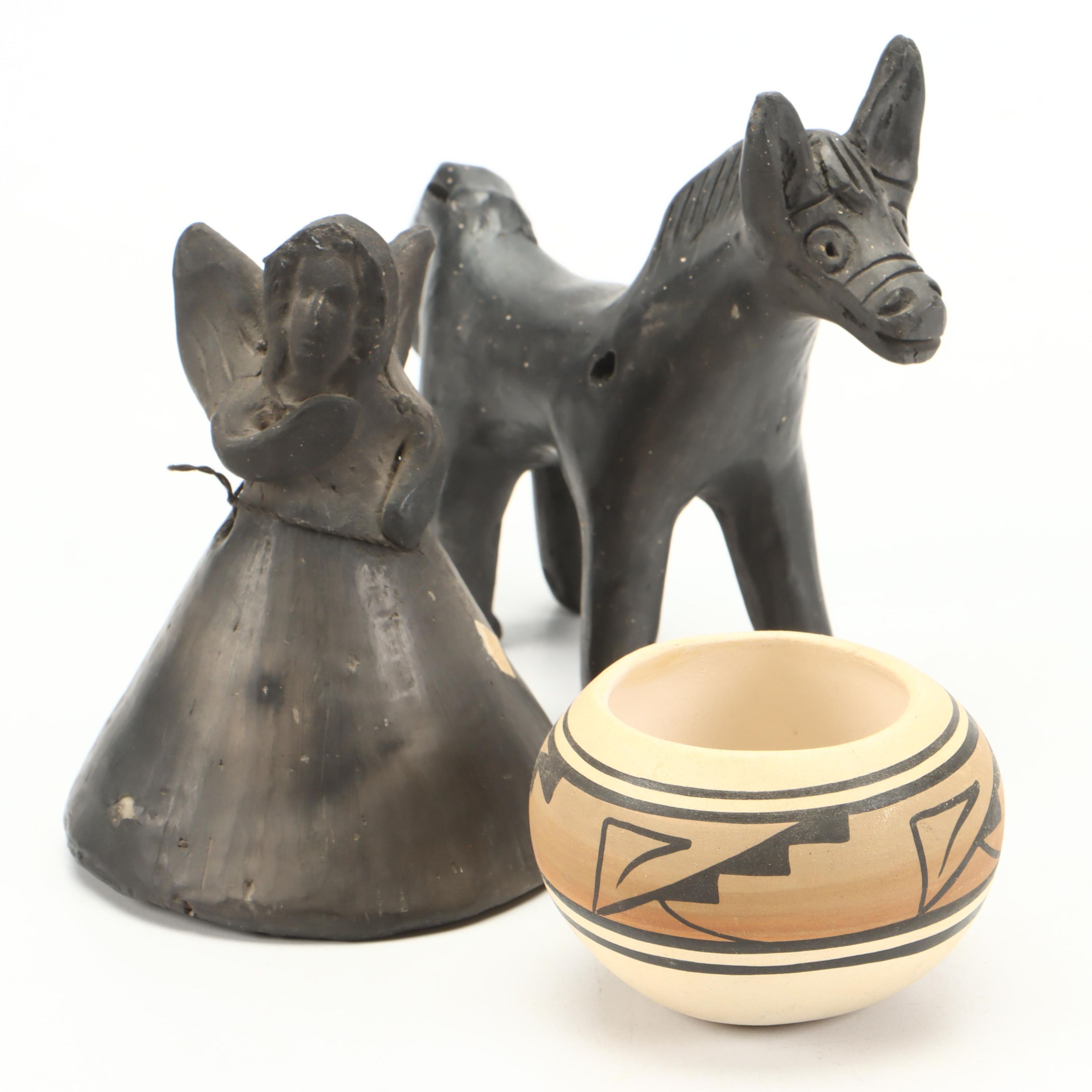 Mexican Clay Angel Bell, Oaxacan Donkey Whistle with Southwestern Pottery Bowl