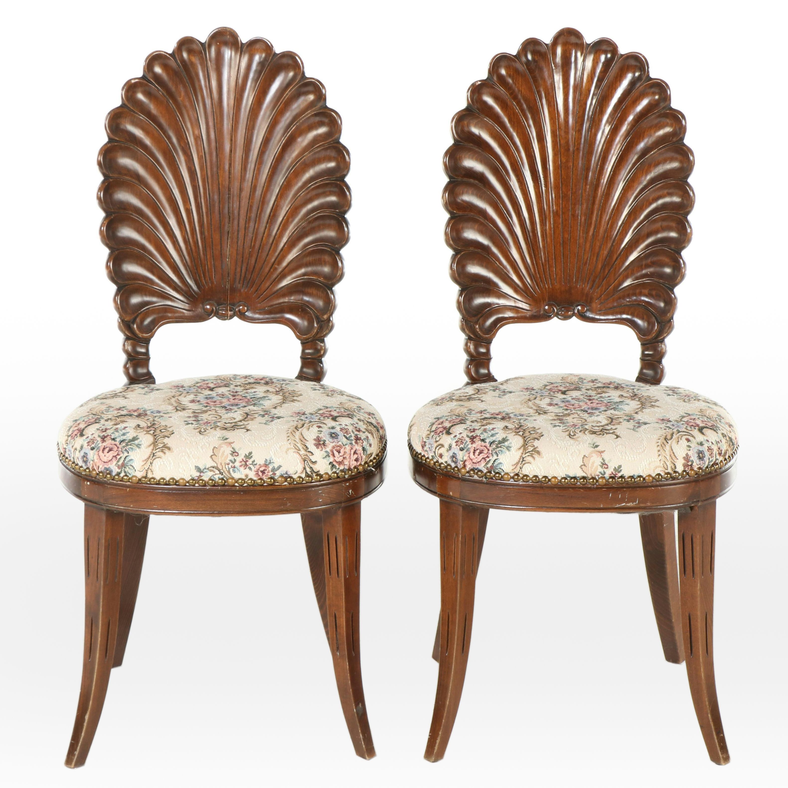 Pair of Venetian Style Carved Beech and Floral-Upholstered Grotto Chairs