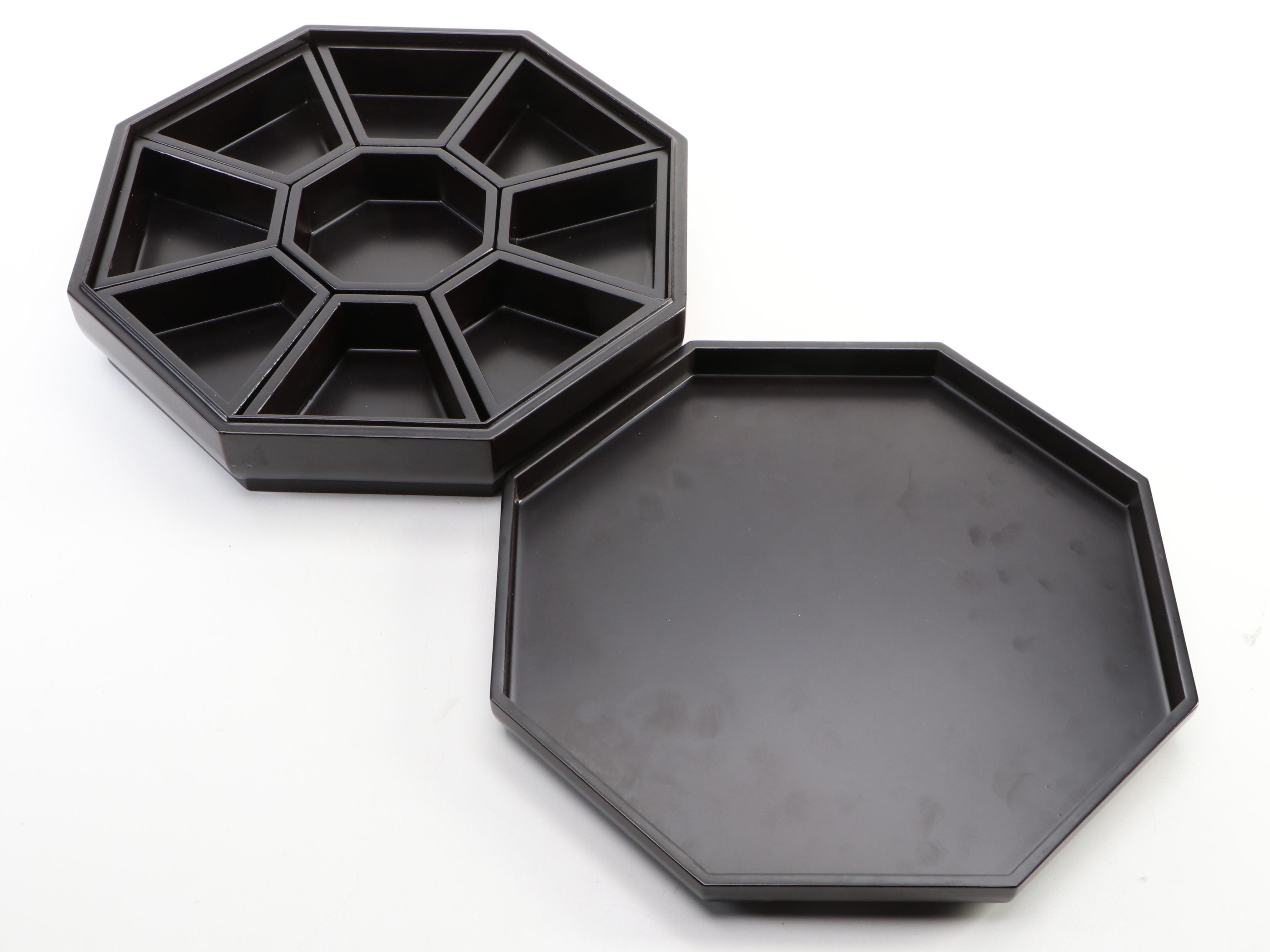 Korean Style Gujeolpan Box with Japanese Bowls and Figurines