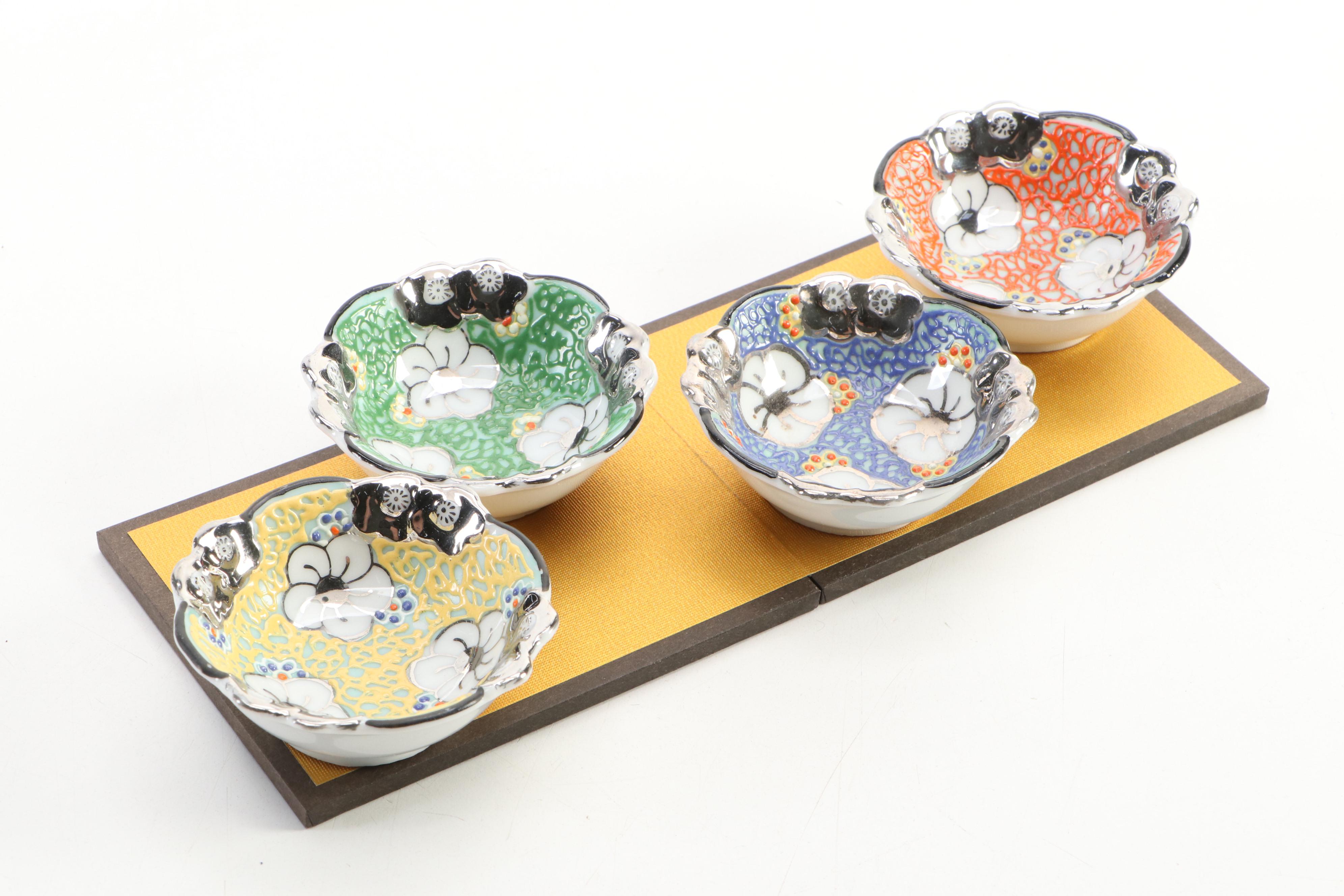 Korean Style Gujeolpan Box with Japanese Bowls and Figurines