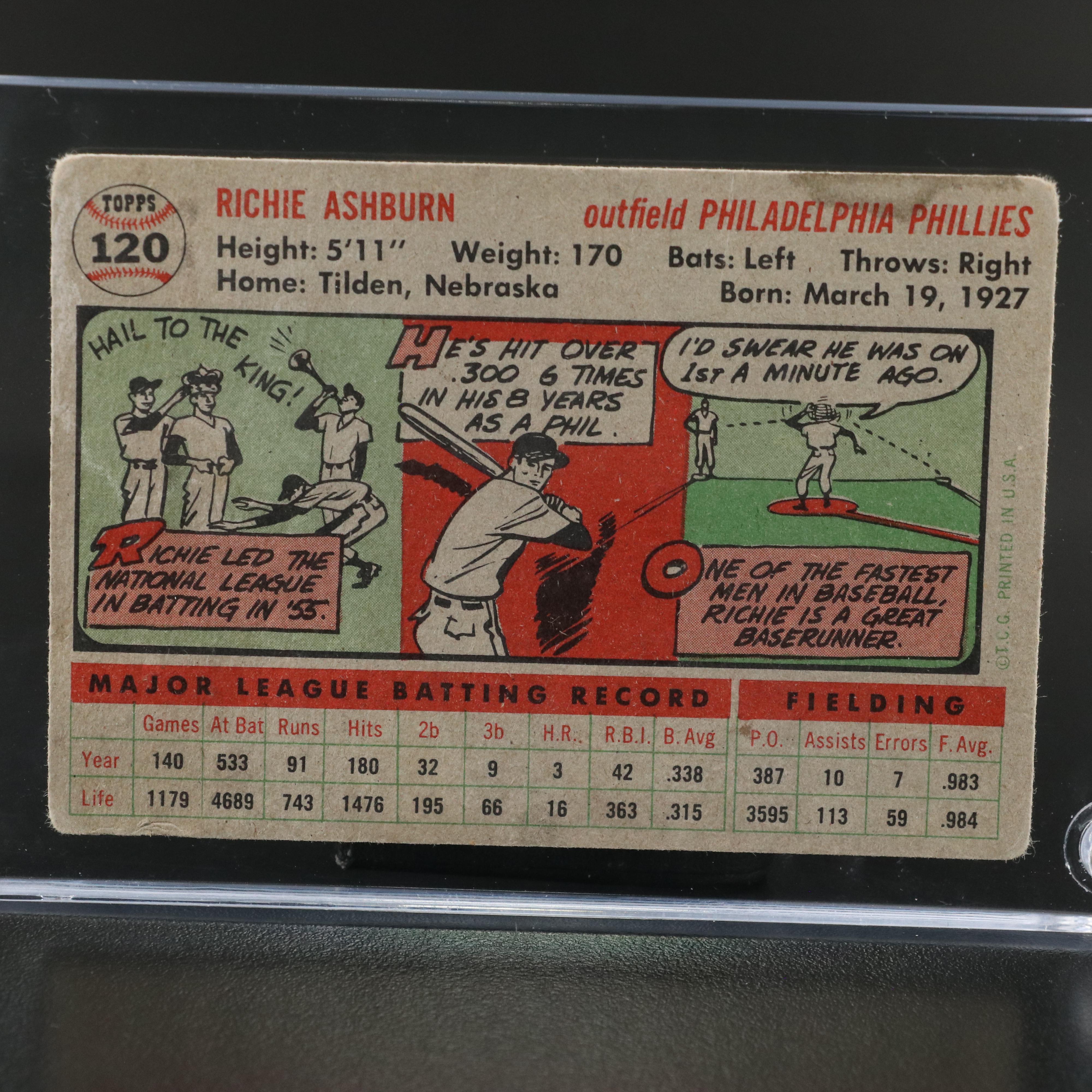 1956 Topps Richie Ashburn Philadelphia Phillies Baseball Card