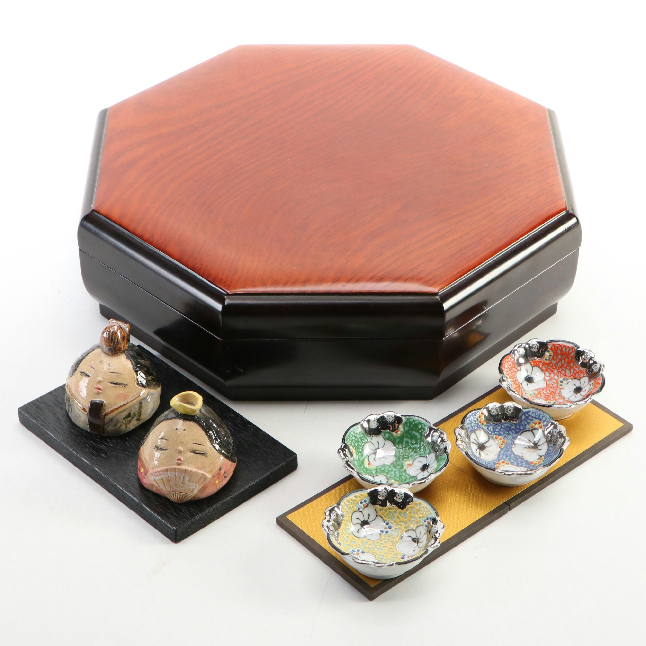 Korean Style Gujeolpan Box with Japanese Bowls and Figurines