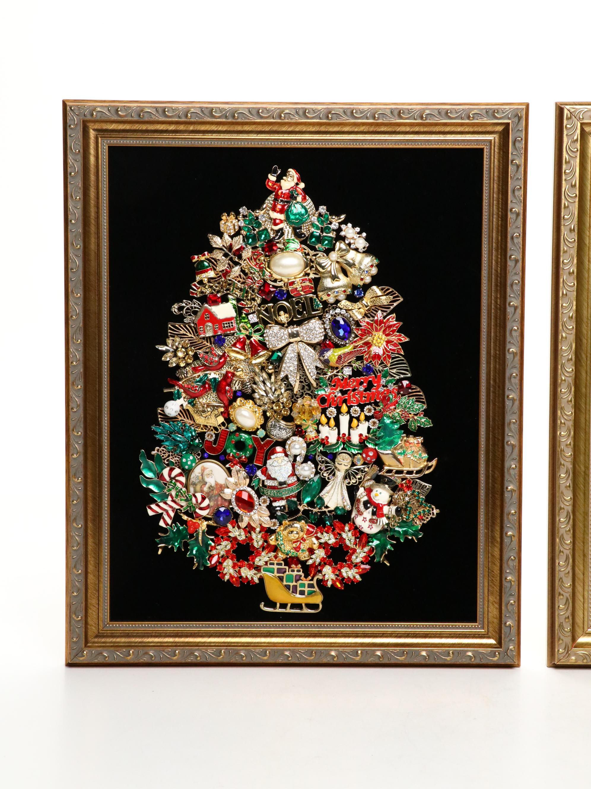 Pair of Jana Vieth Framed Jewelry Mixed Media Assemblage of Christmas Trees