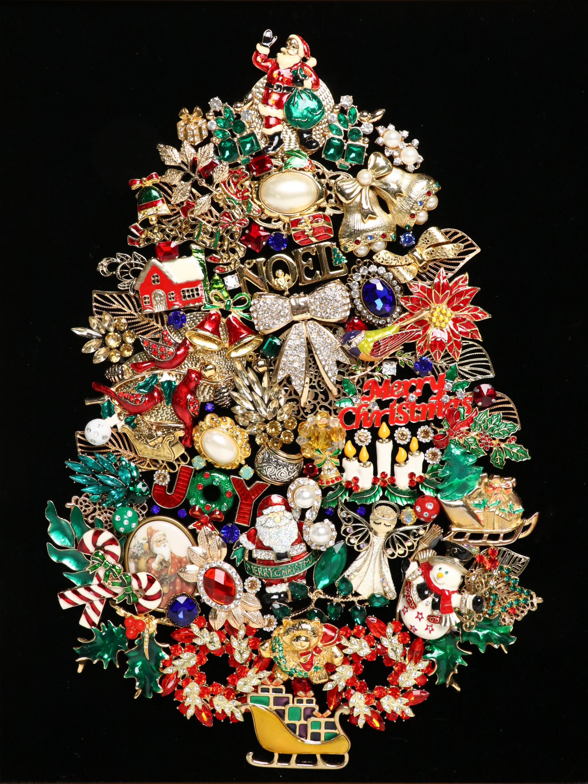 Pair of Jana Vieth Framed Jewelry Mixed Media Assemblage of Christmas Trees