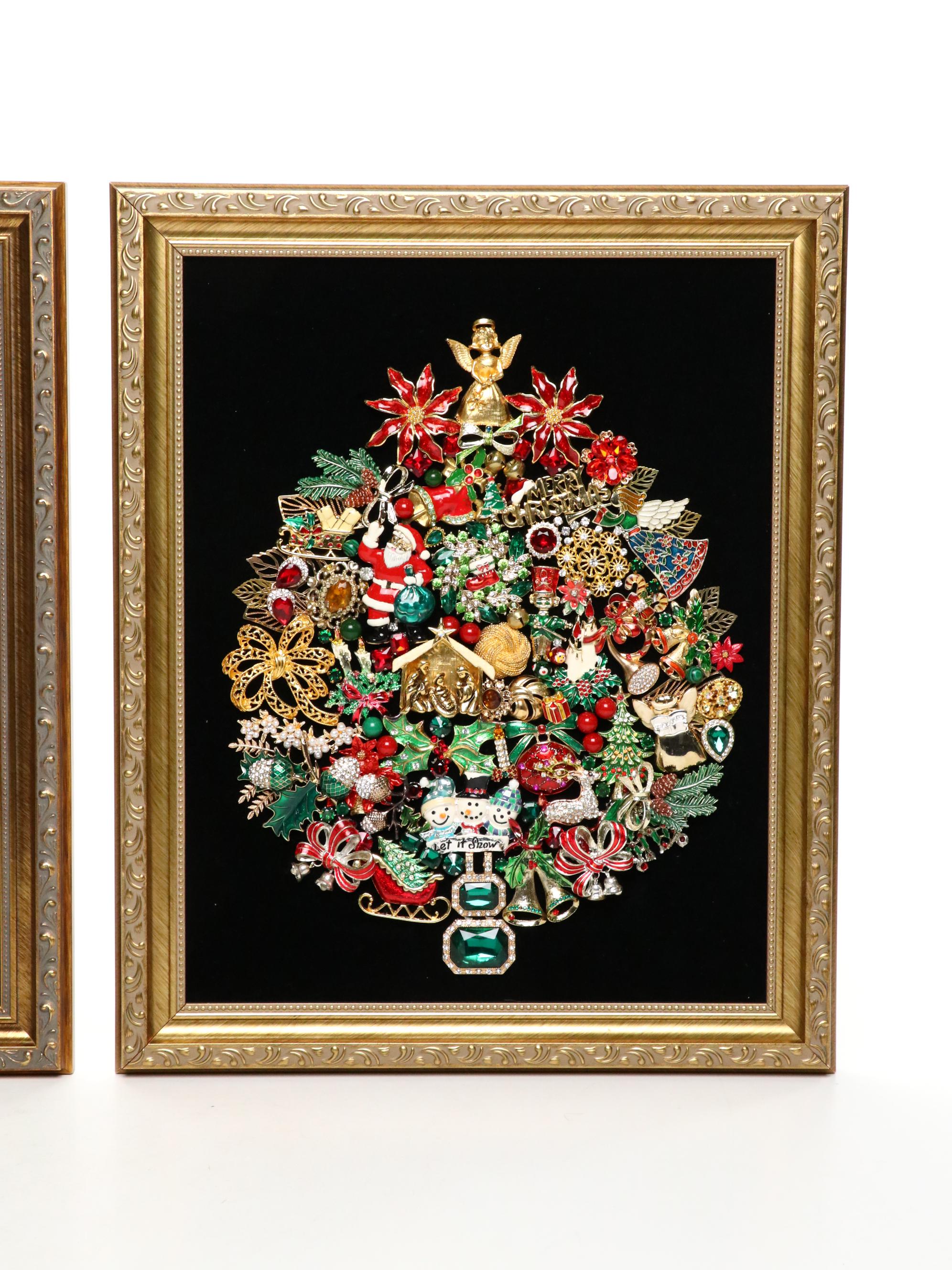 Pair of Jana Vieth Framed Jewelry Mixed Media Assemblage of Christmas Trees