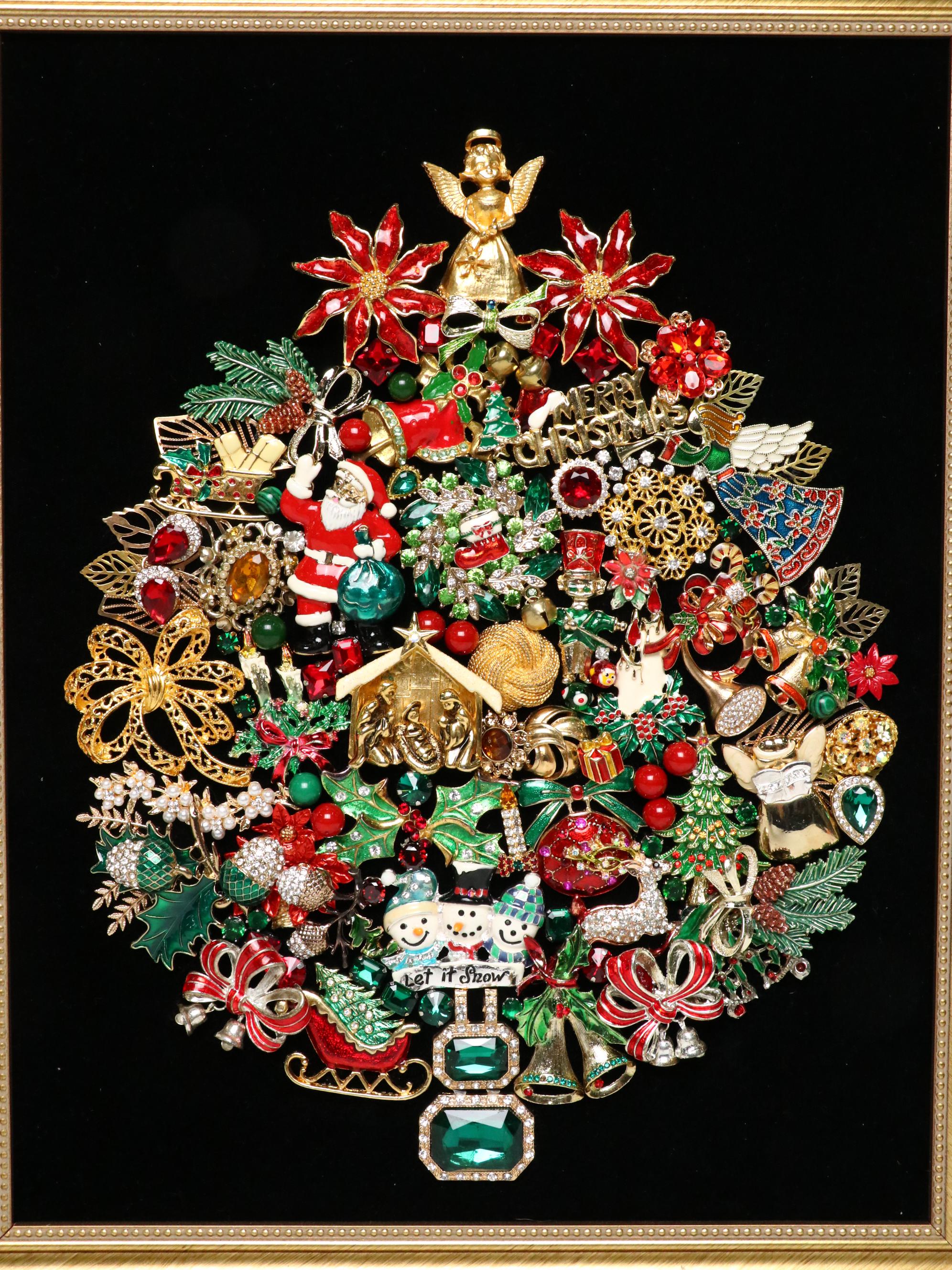 Pair of Jana Vieth Framed Jewelry Mixed Media Assemblage of Christmas Trees