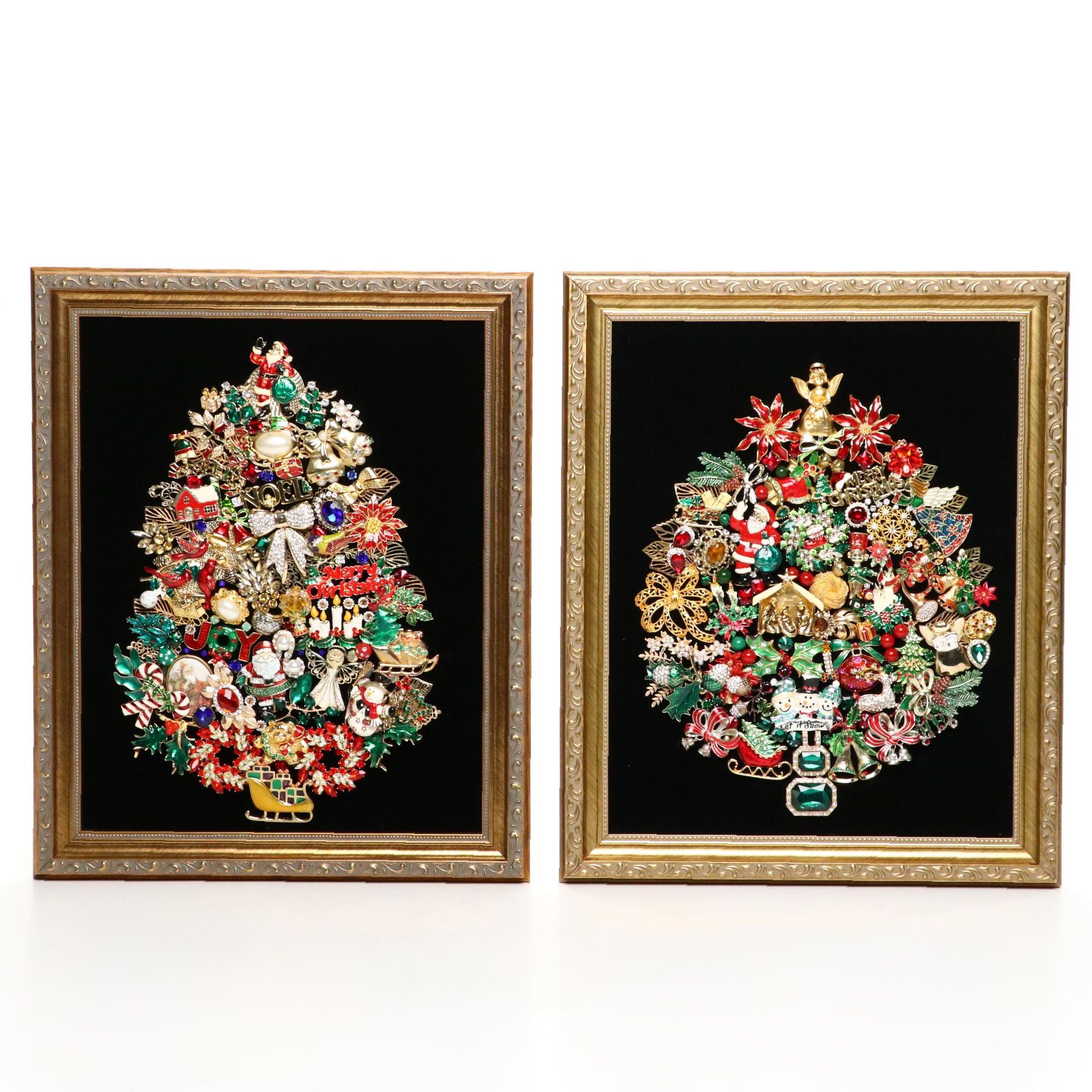 Pair of Jana Vieth Framed Jewelry Mixed Media Assemblage of Christmas Trees