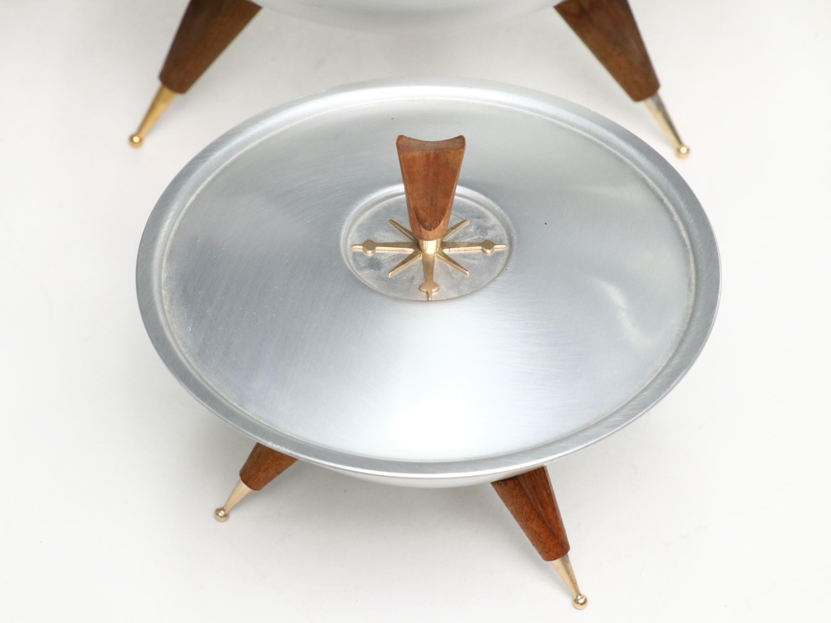 Mirro Medallion Aluminum & Teak Tripod Serving Bowls with Lid, Mid-20th Century