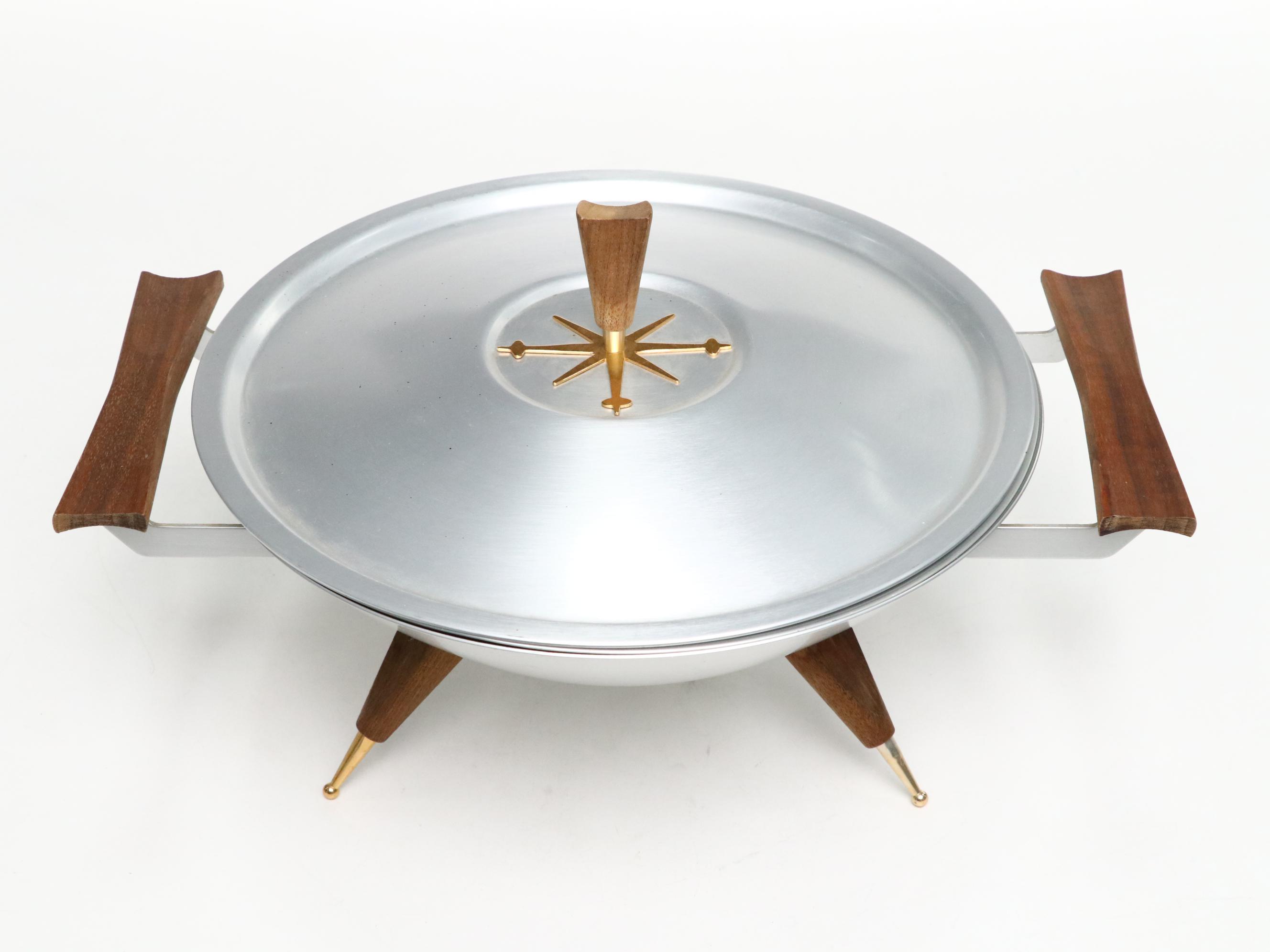 Mirro Medallion Aluminum & Teak Tripod Serving Bowls with Lid, Mid-20th Century