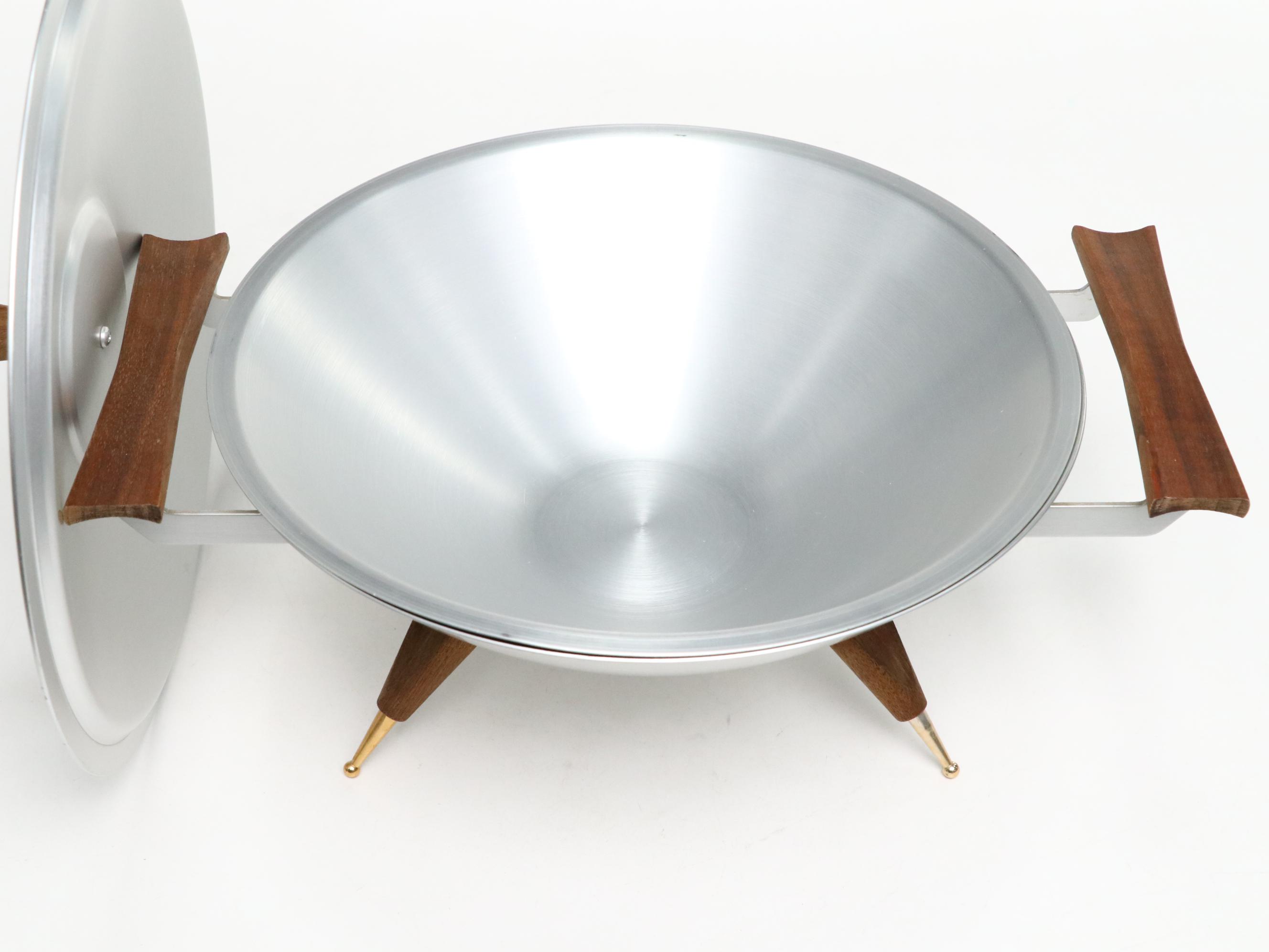 Mirro Medallion Aluminum & Teak Tripod Serving Bowls with Lid, Mid-20th Century