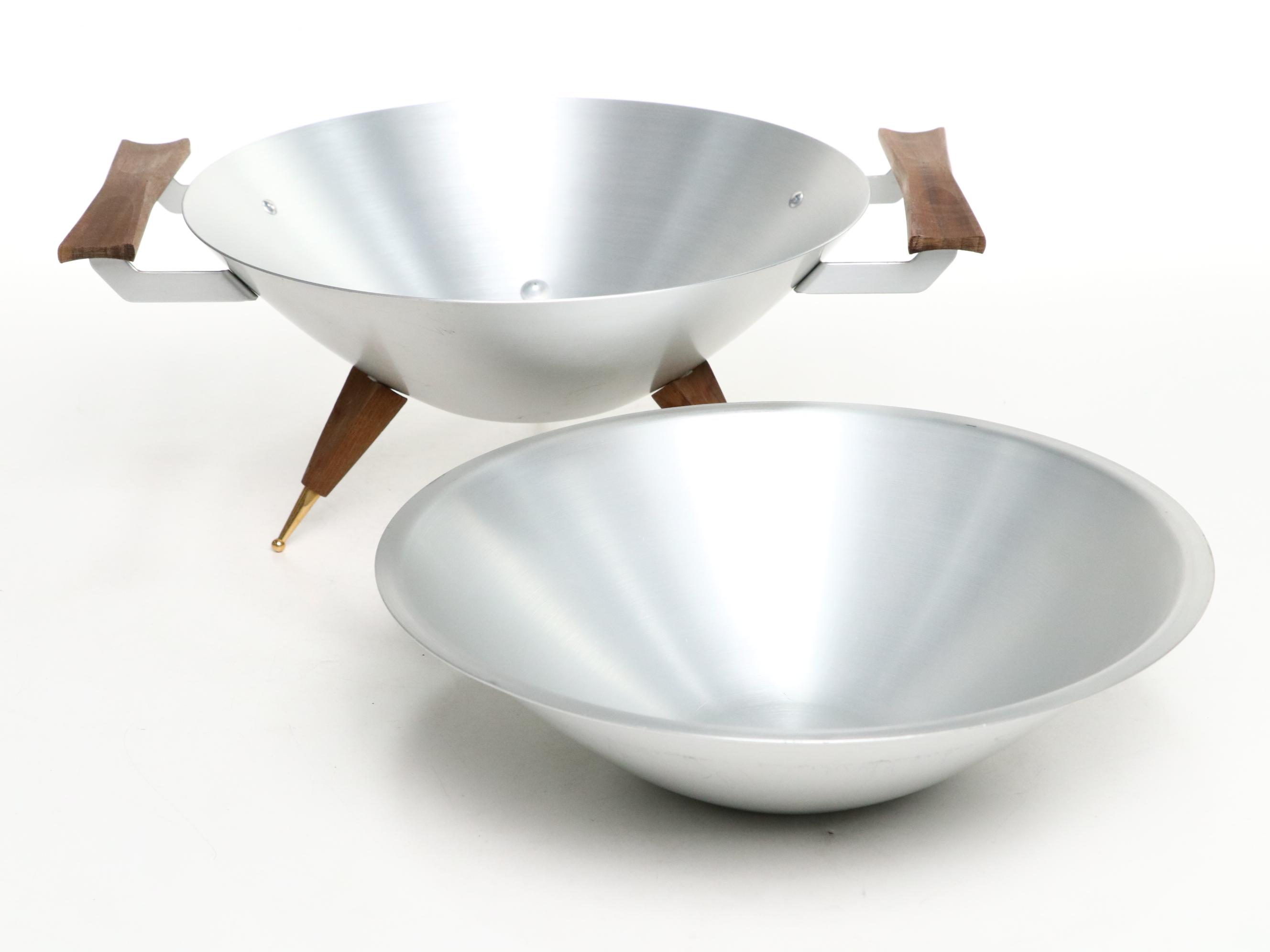 Mirro Medallion Aluminum & Teak Tripod Serving Bowls with Lid, Mid-20th Century