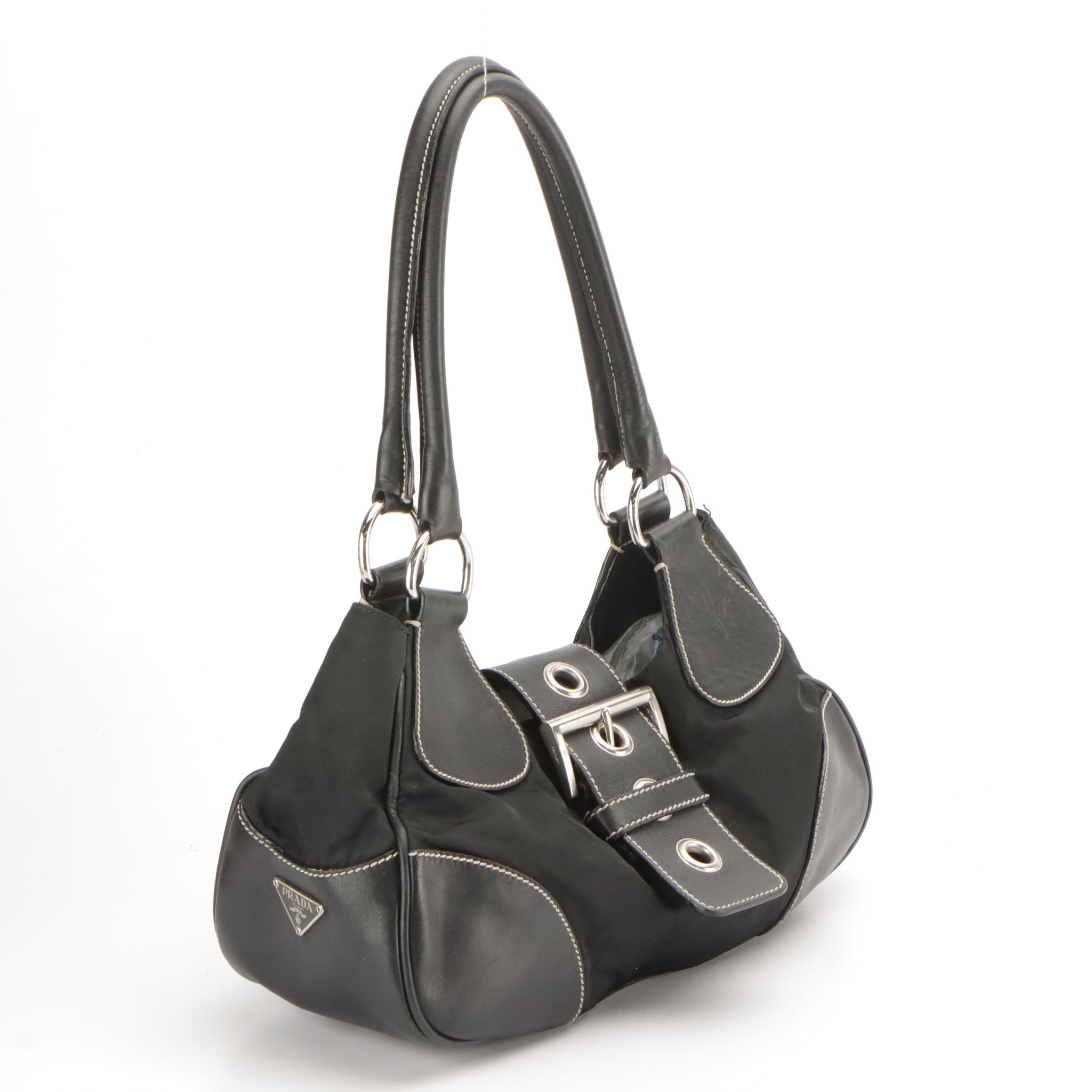 Prada Classic Buckle Hobo Bag in Black Nylon and Leather