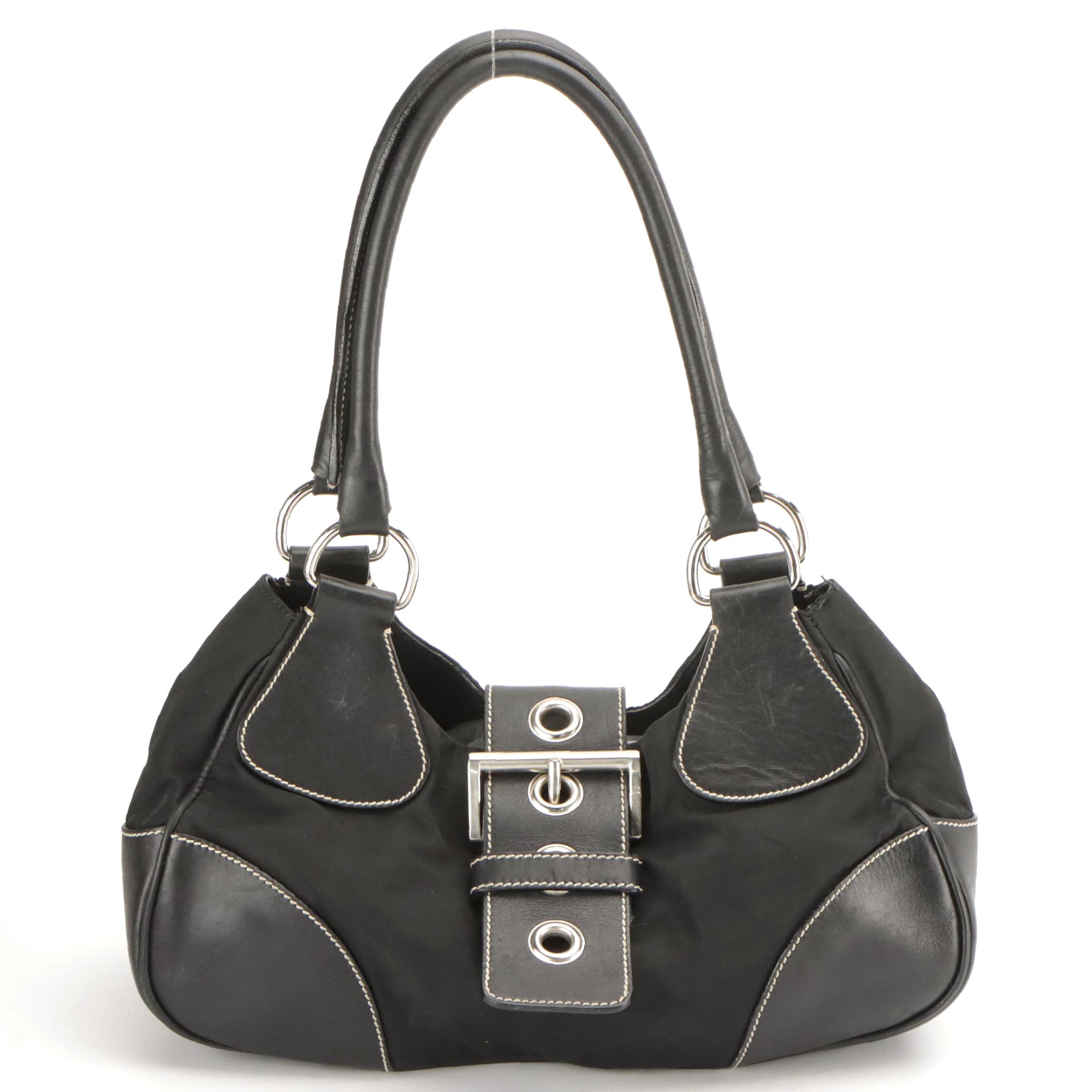 Prada Classic Buckle Hobo Bag in Black Nylon and Leather