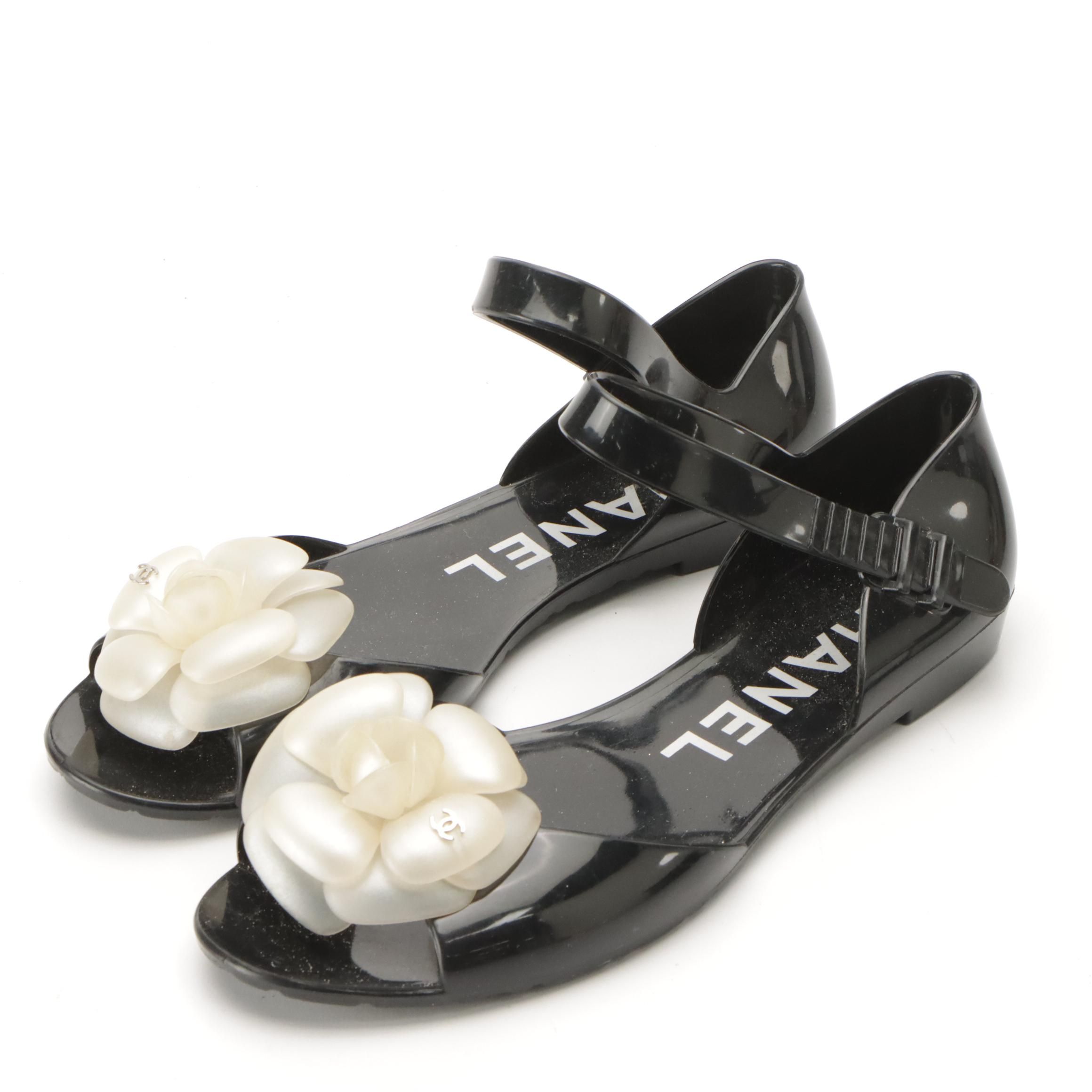 Chanel Interlocking CC Camellia Flower Black Jelly Sandals with Box