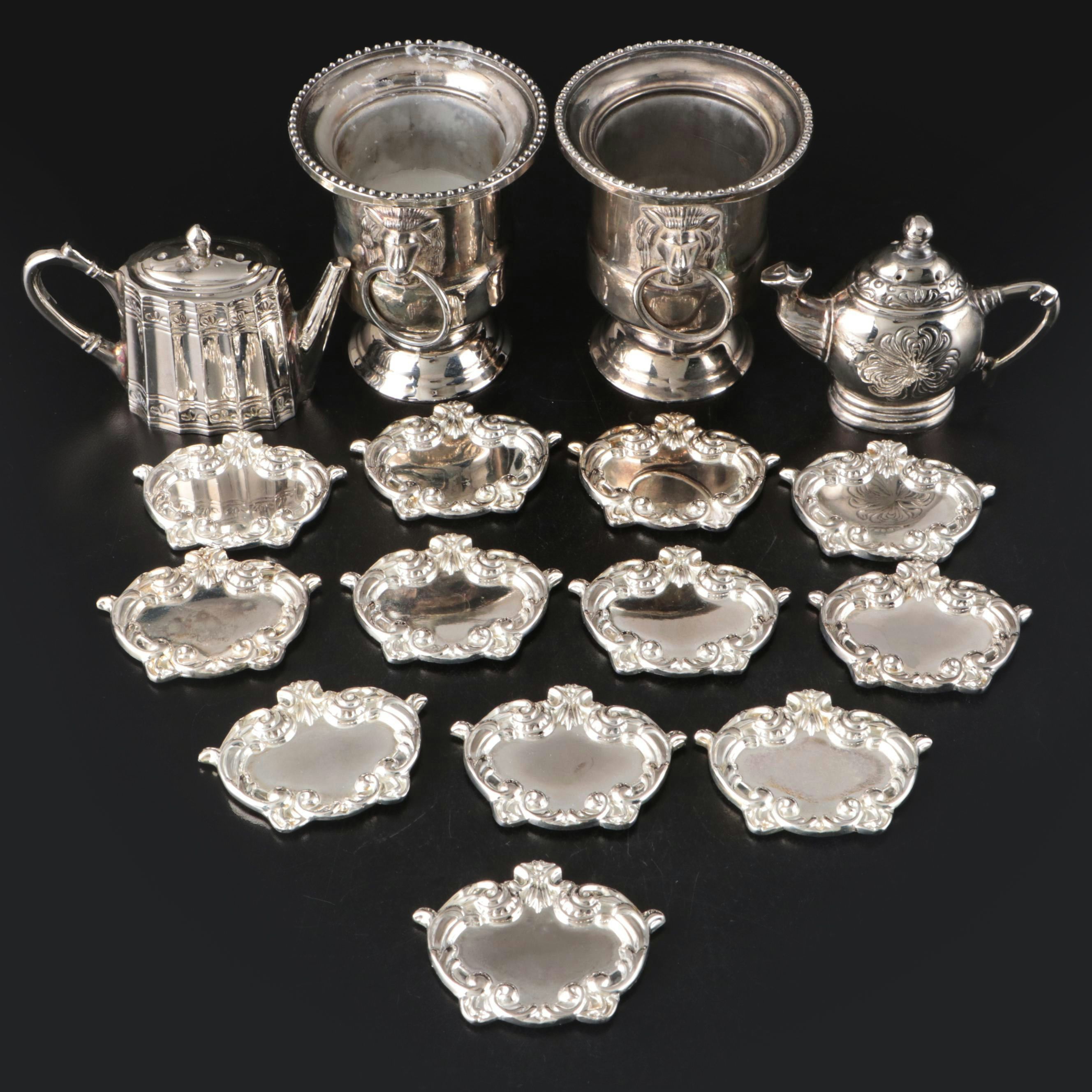 Silver Plate Urn Toothpick Holders, Decanter Tags and Shakers