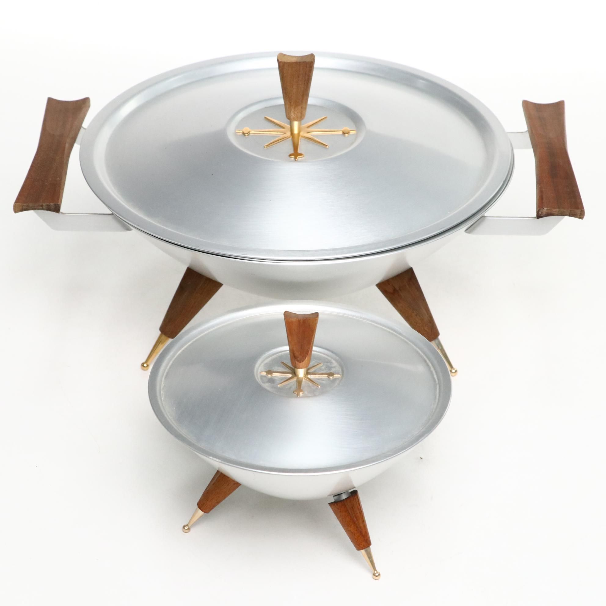 Mirro Medallion Aluminum & Teak Tripod Serving Bowls with Lid, Mid-20th Century