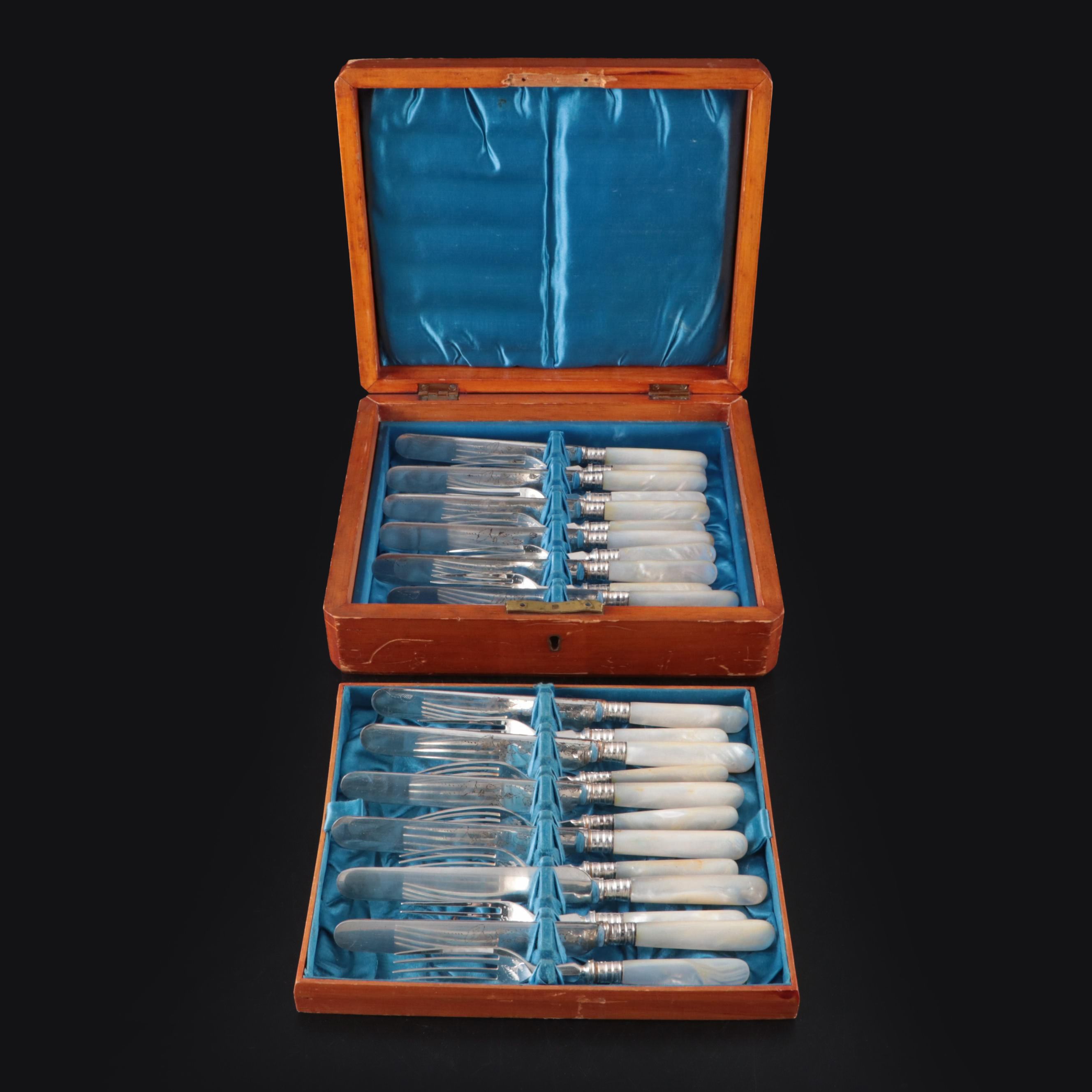 Victorian Mother-of-Pearl Handled and Brightwork Flatware in Storage Box