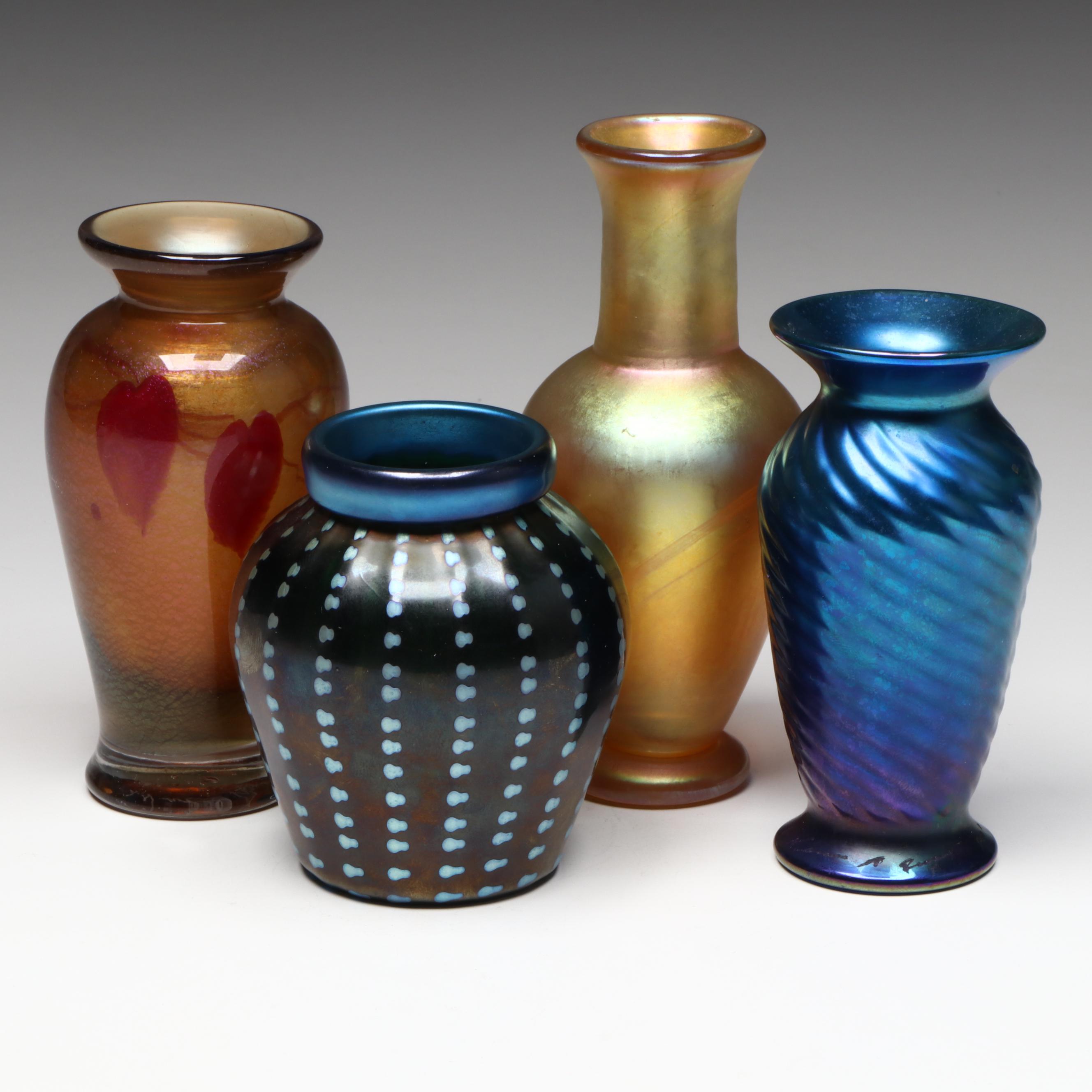 Steven Lundberg and Other Iridescent Art Glass Bud Vases, Late 20th Century