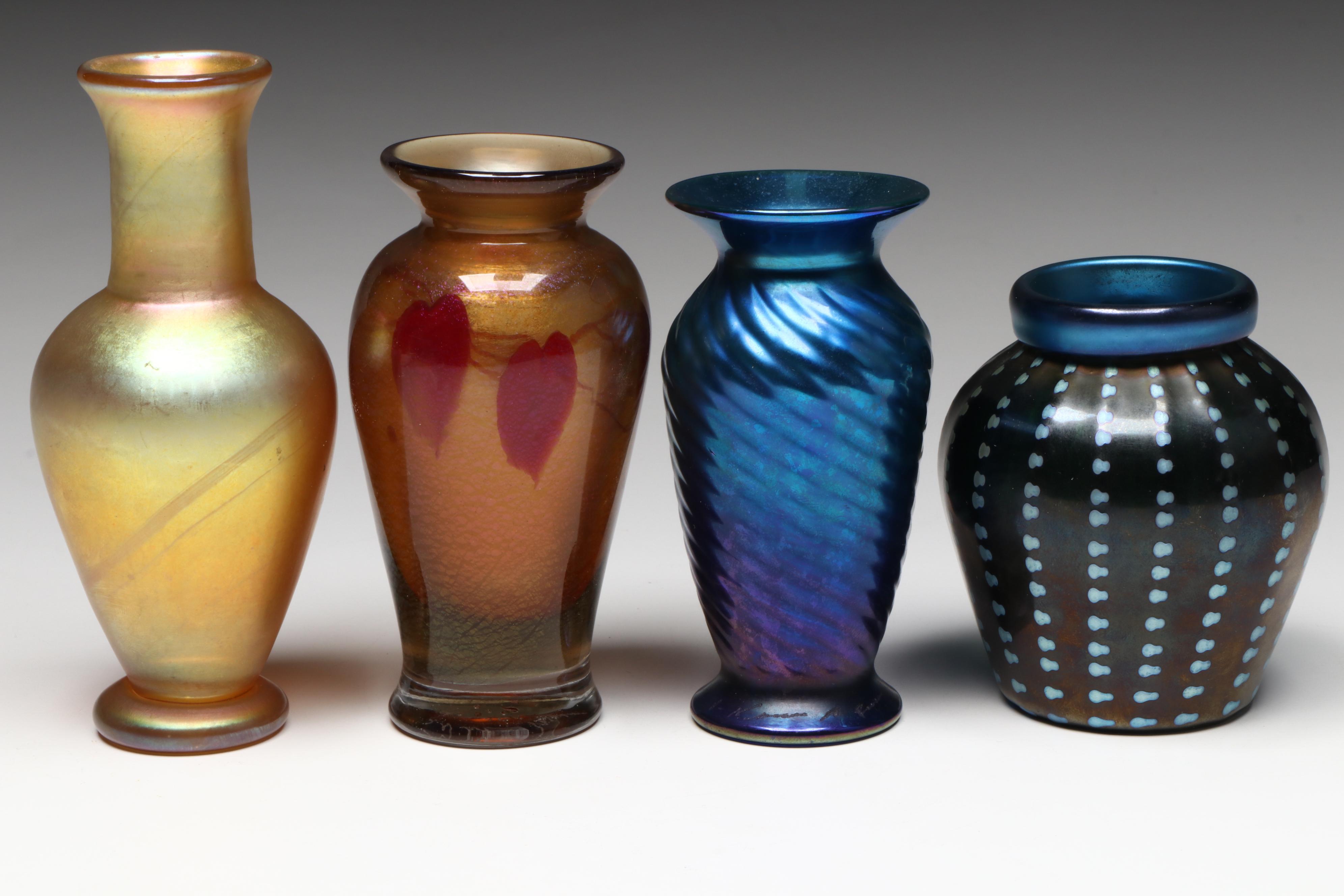 Steven Lundberg and Other Iridescent Art Glass Bud Vases, Late 20th Century