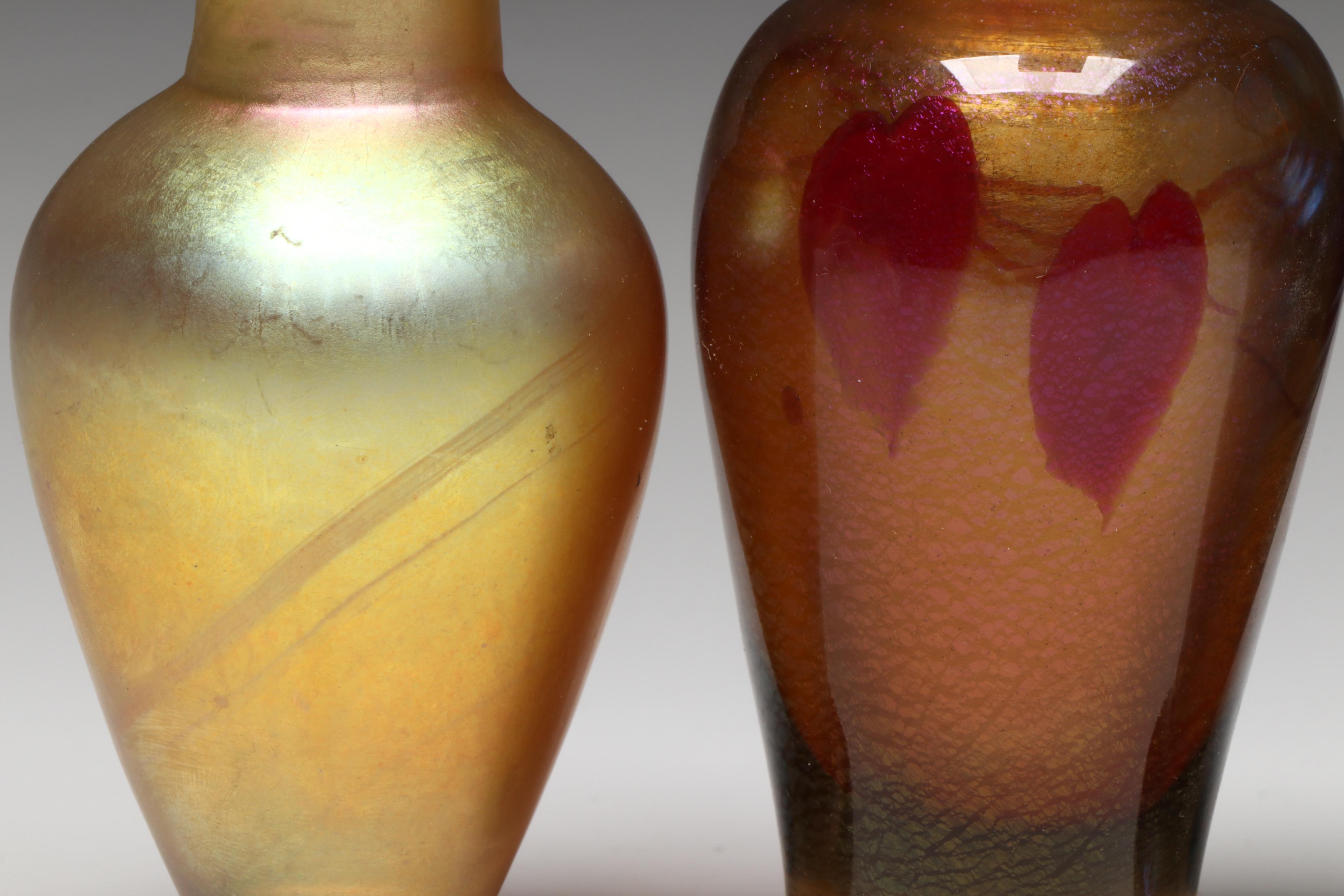 Steven Lundberg and Other Iridescent Art Glass Bud Vases, Late 20th Century
