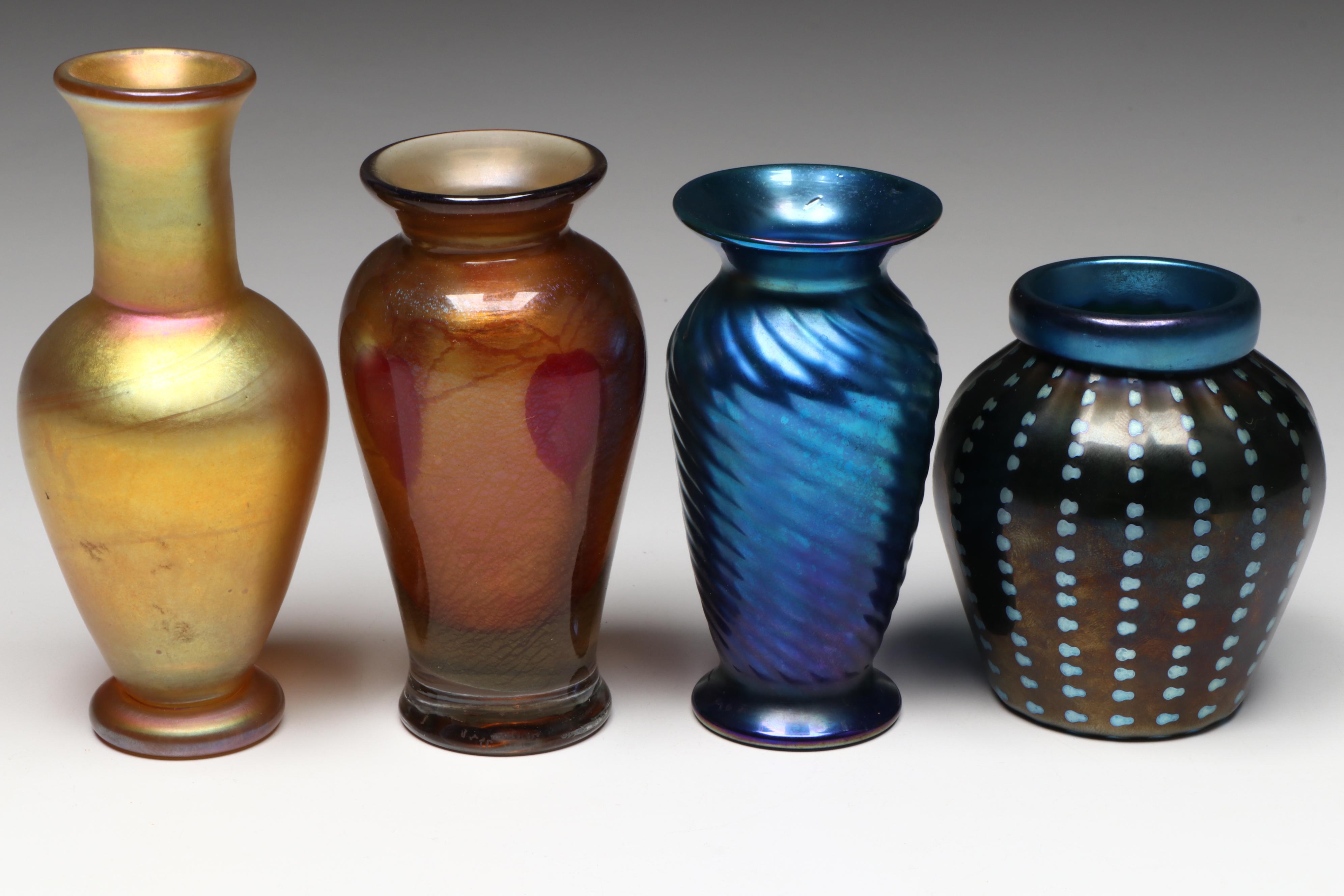 Steven Lundberg and Other Iridescent Art Glass Bud Vases, Late 20th Century