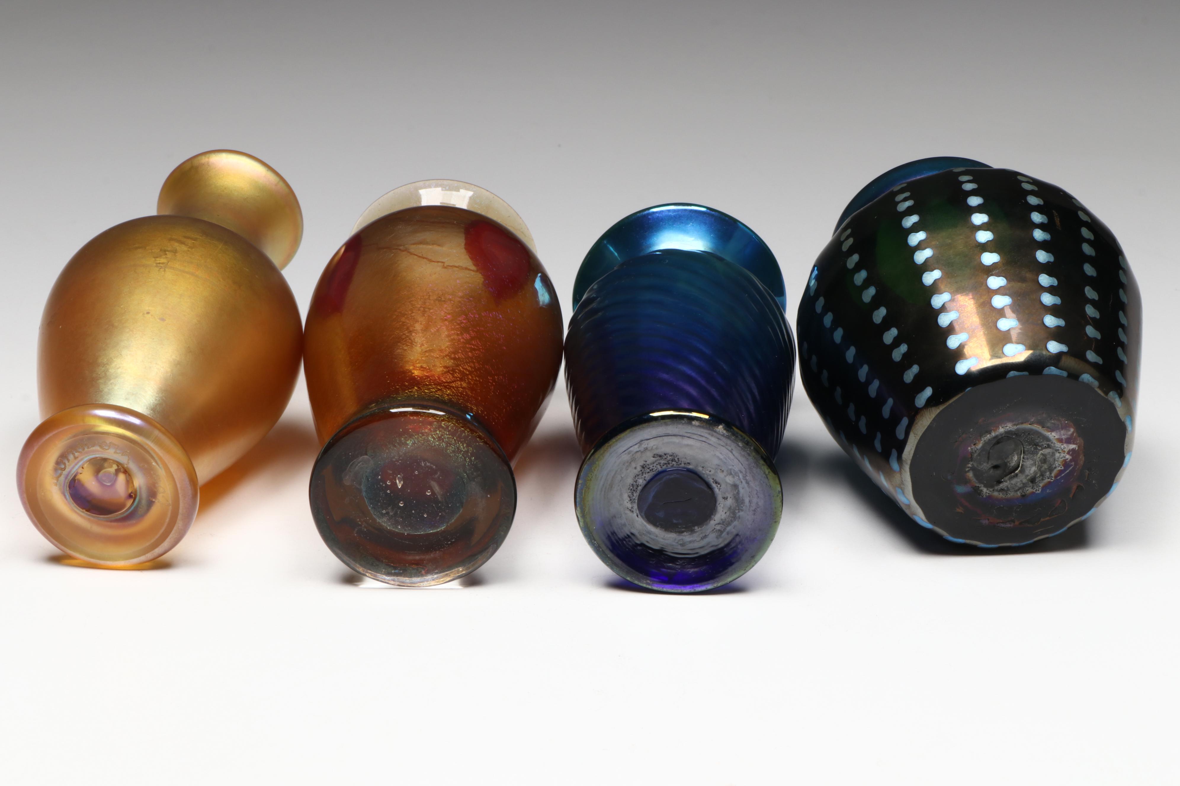 Steven Lundberg and Other Iridescent Art Glass Bud Vases, Late 20th Century