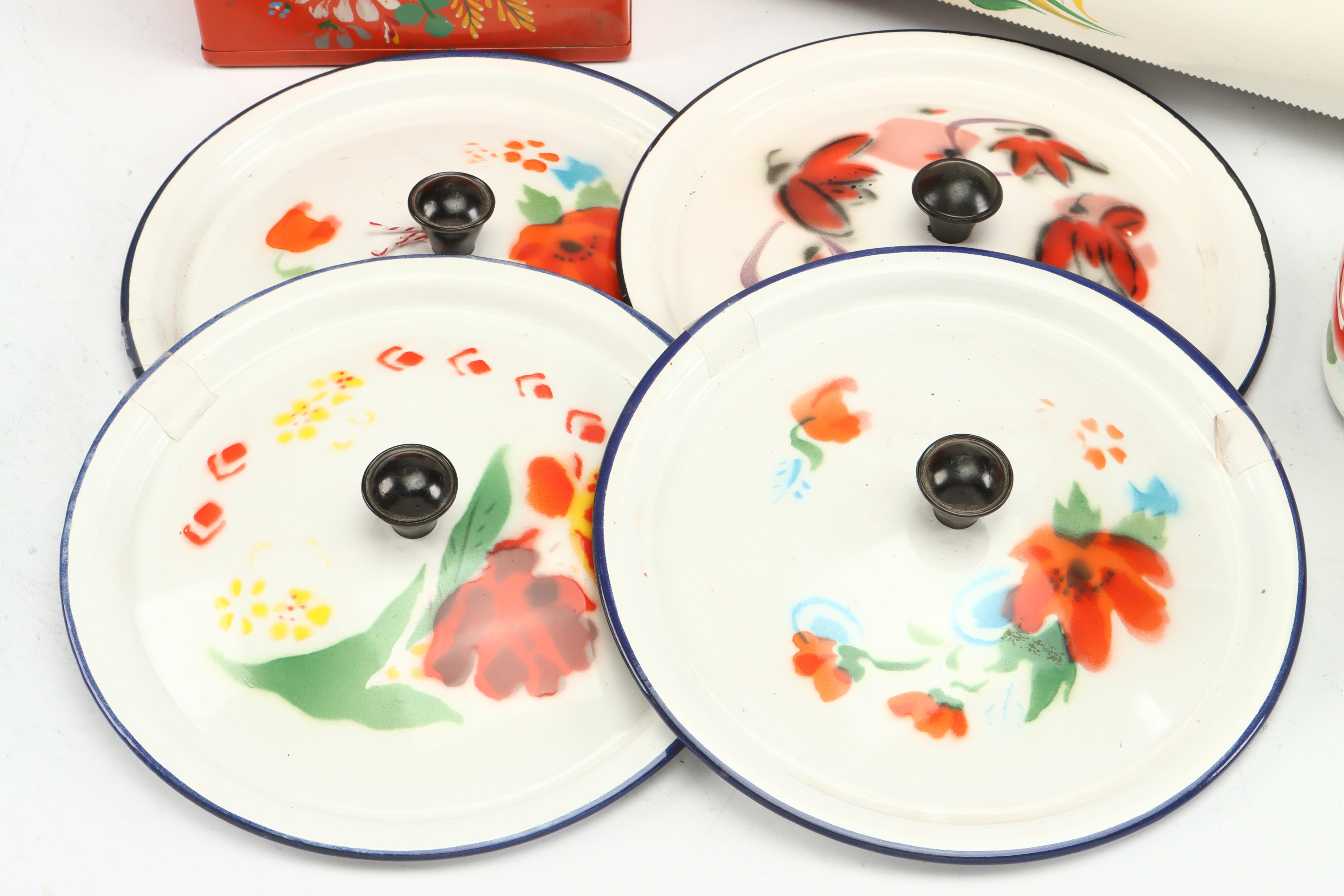 Peacock Floral Motif Enameled Metal Platter and Mugs with More
