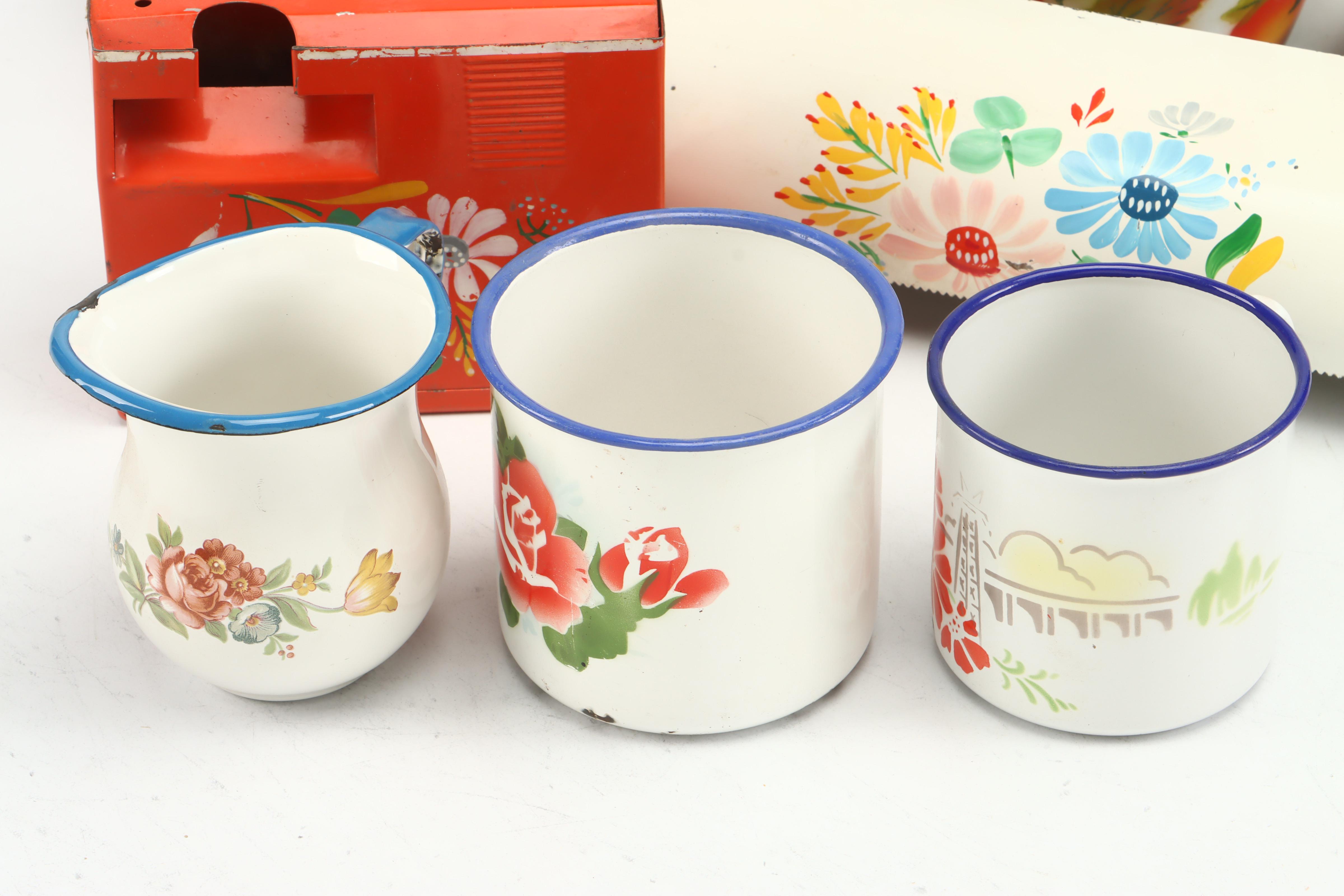 Peacock Floral Motif Enameled Metal Platter and Mugs with More