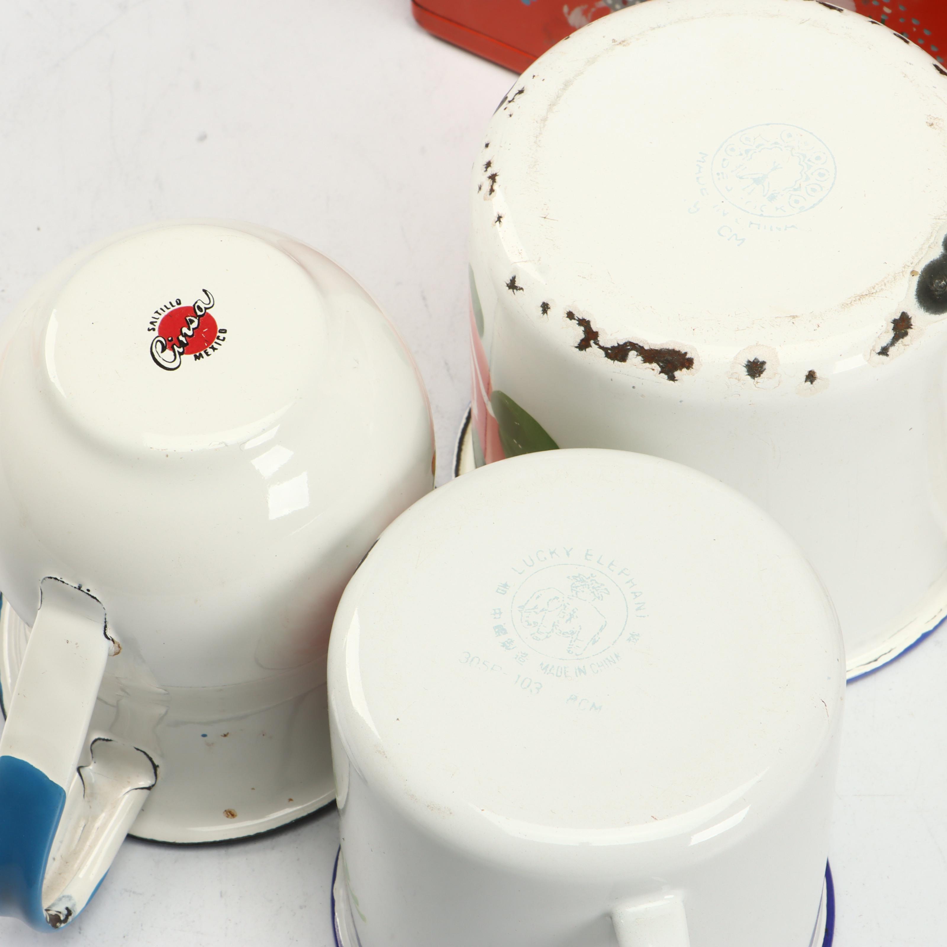 Peacock Floral Motif Enameled Metal Platter and Mugs with More