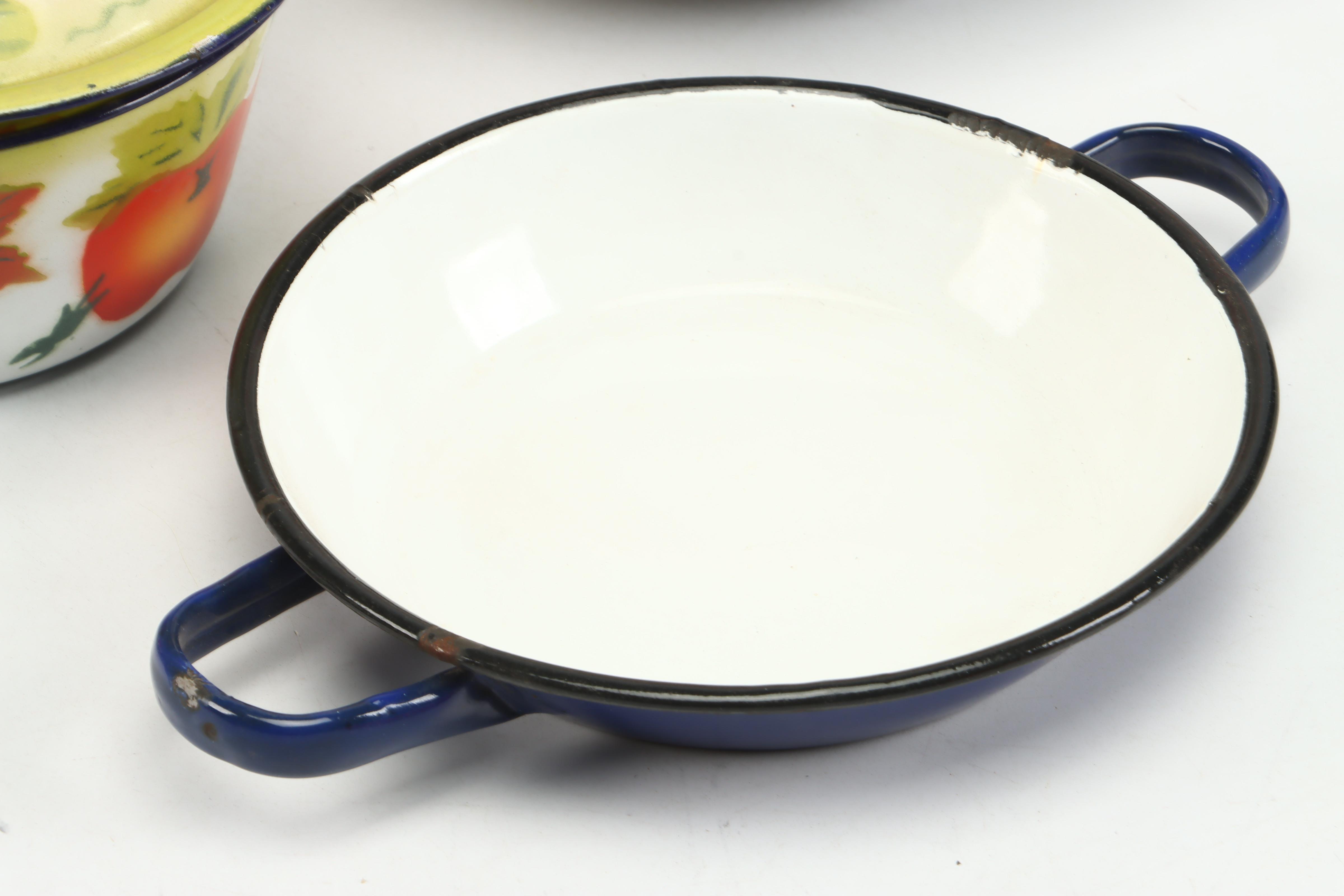 Peacock Floral Motif Enameled Metal Platter and Mugs with More